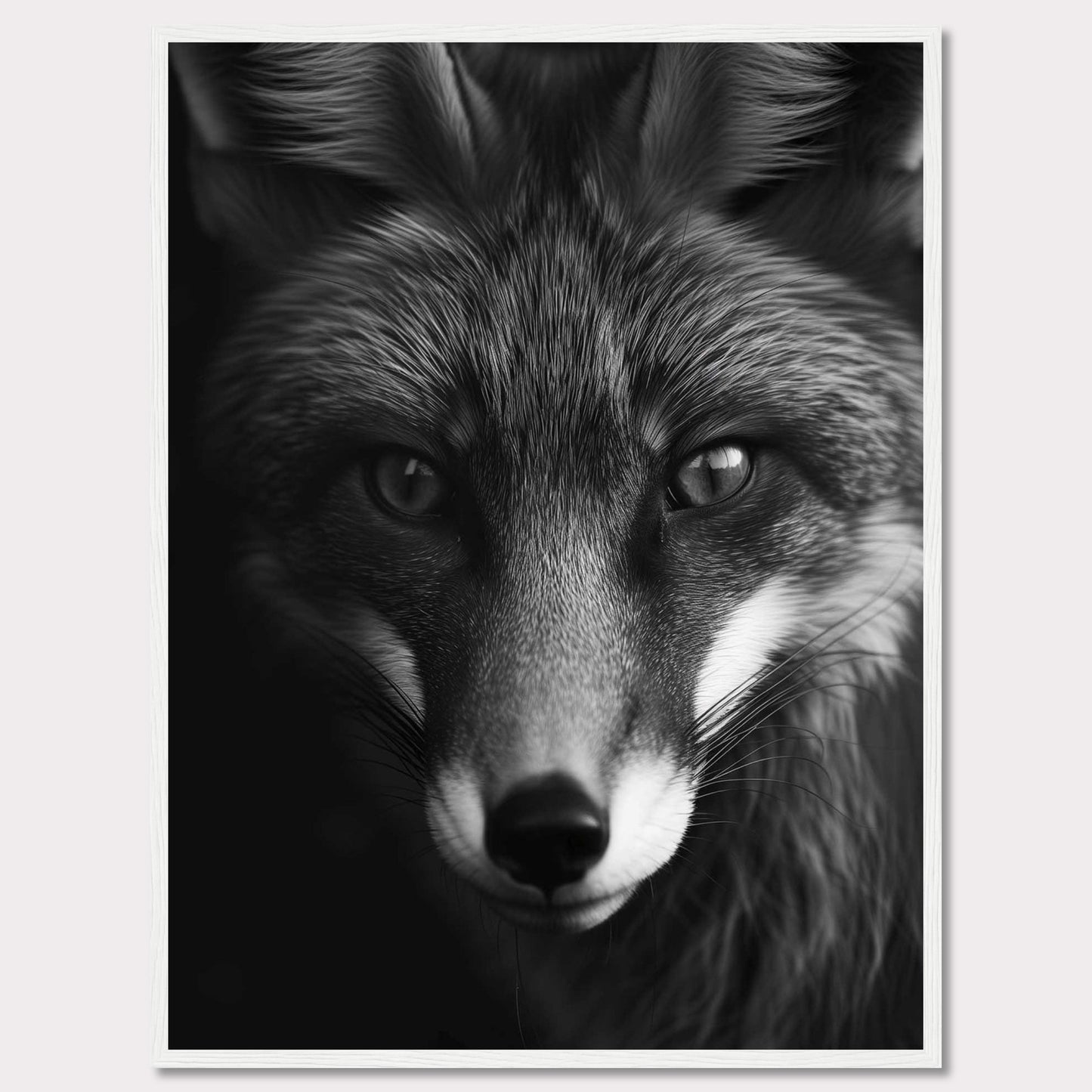 This striking black and white portrait captures the intense gaze of a fox, showcasing its majestic and enigmatic beauty. The detailed fur texture and sharp eyes draw you into the wild essence of this captivating creature.