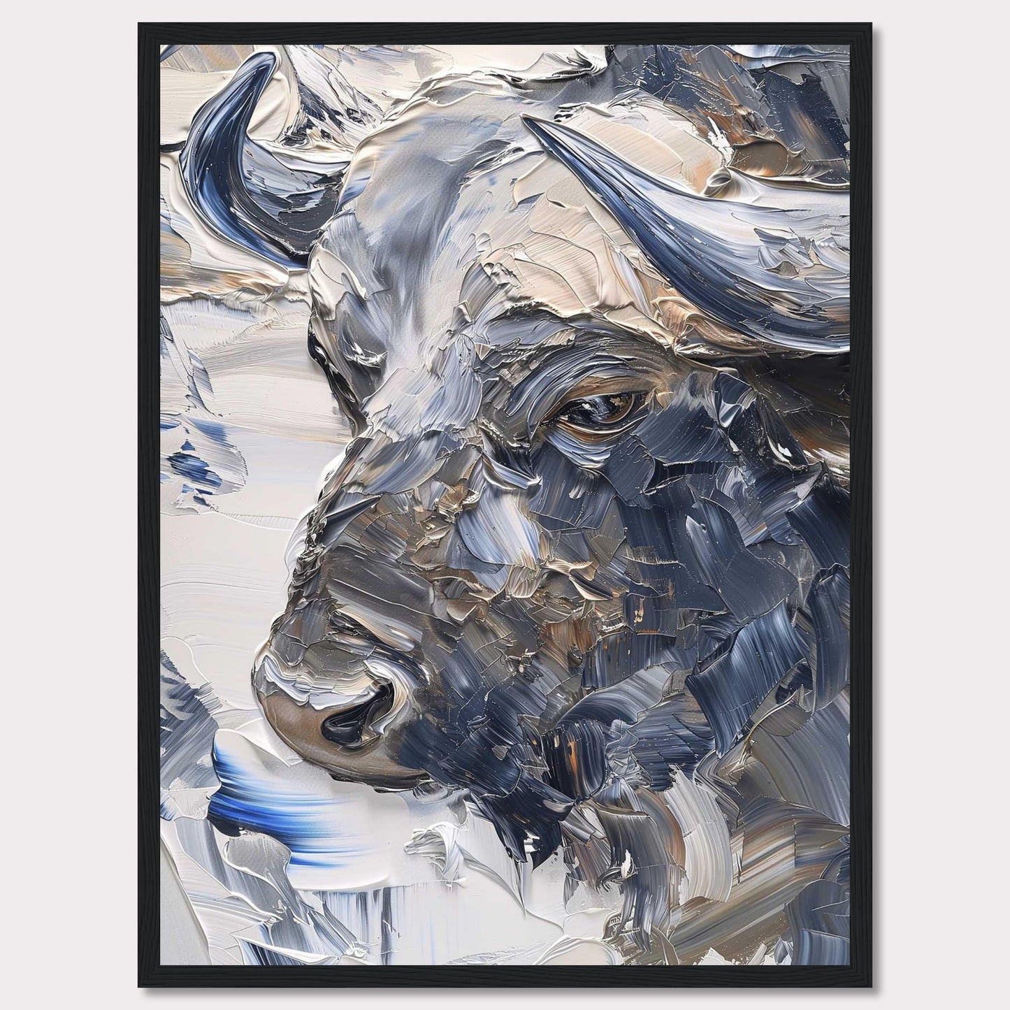 This stunning artwork captures the powerful essence of a bull through bold, textured brushstrokes. The painting's rich, earthy tones and dynamic use of color create a sense of strength and majesty.