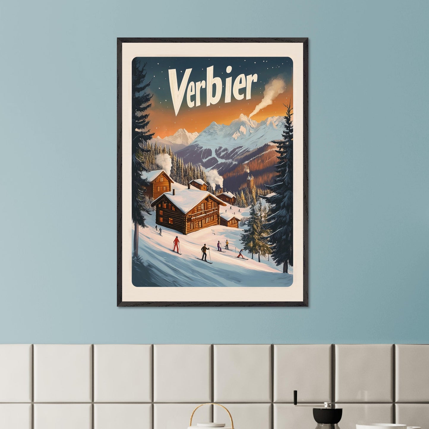 This captivating poster encapsulates the serene beauty of Verbier, with its snow-covered chalets nestled against a backdrop of fiery alpine sunsets. The scene showcases the perfect blend of adventure and tranquility, featuring skiers gliding down gentle slopes surrounded by towering pine trees and a distant view of a majestic mountain range. The soft, glowing hues of the evening sky bring warmth to this winter wonderland.