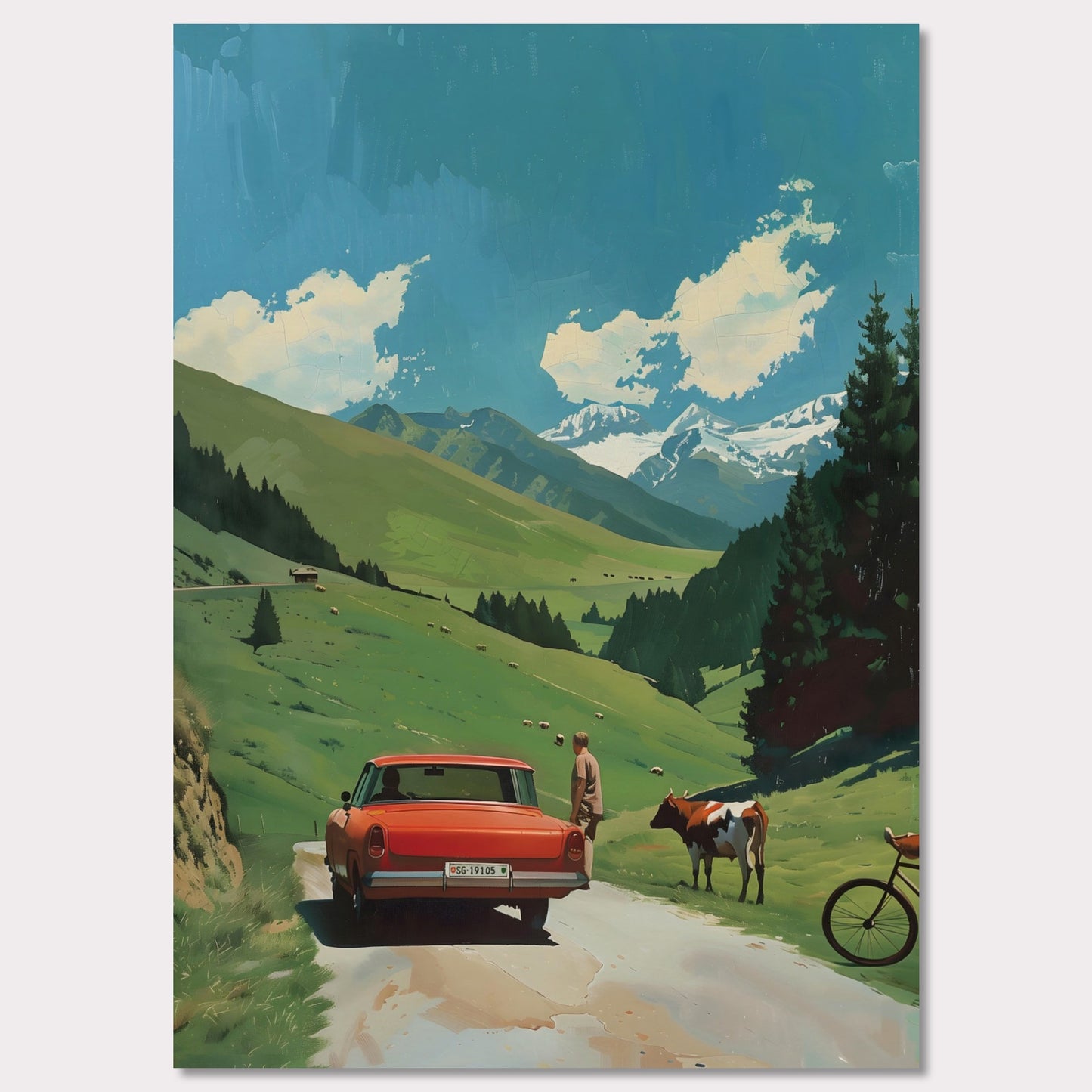 This picture depicts a serene countryside scene with a vibrant red car parked on a narrow road. A person stands beside the car, gazing at a cow that is standing nearby. The lush green hills stretch towards majestic snow-capped mountains under a bright blue sky dotted with fluffy white clouds. A bicycle rests against the tall pine trees, adding to the tranquil rural atmosphere.