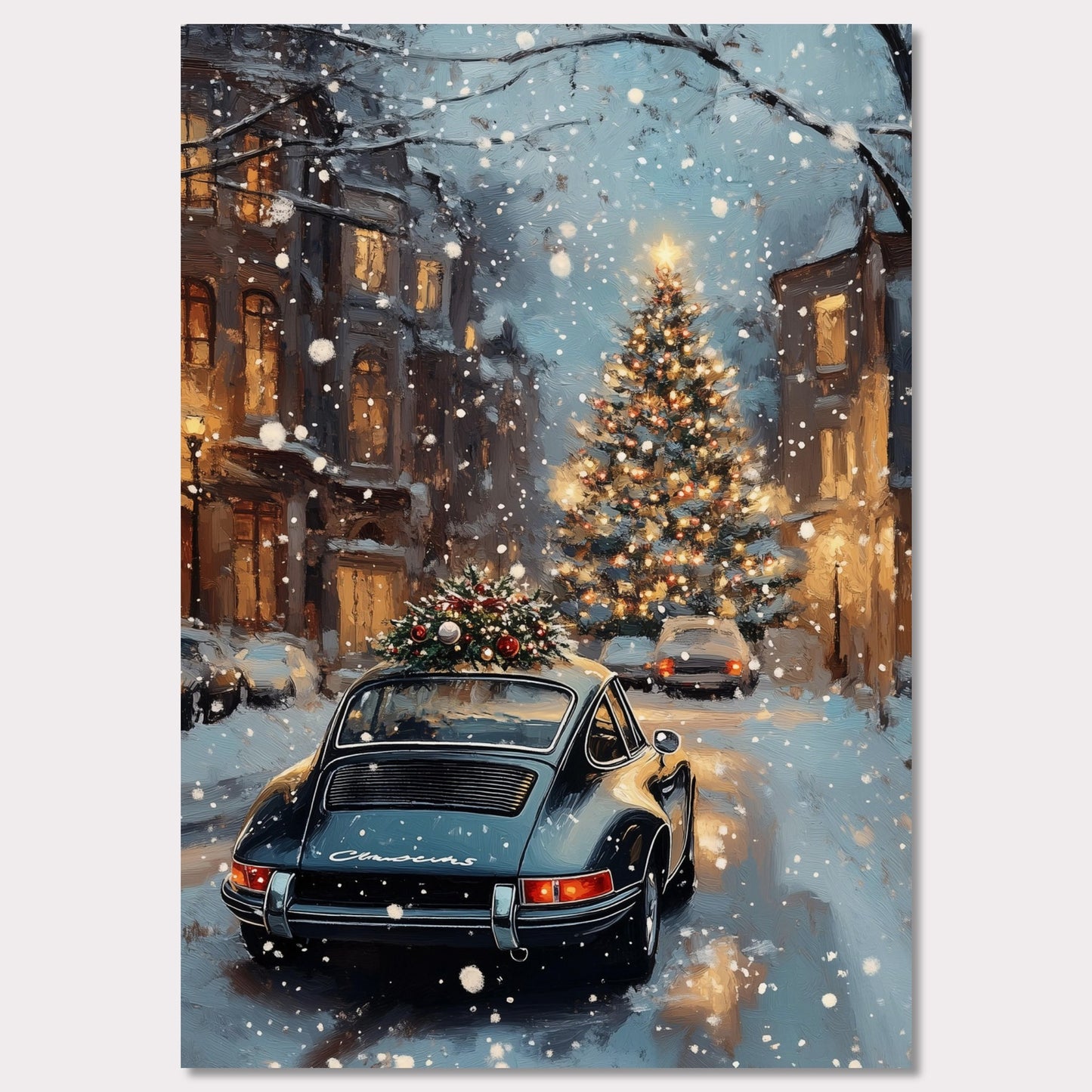 This enchanting poster portrays a snowy Swiss street with a beautifully adorned vintage car carrying a Christmas tree. The softly glowing lights and festive decorations create an atmosphere of joyous holiday anticipation. The combination of timeless cars and seasonal spirit brings a unique charm to this holiday scene.