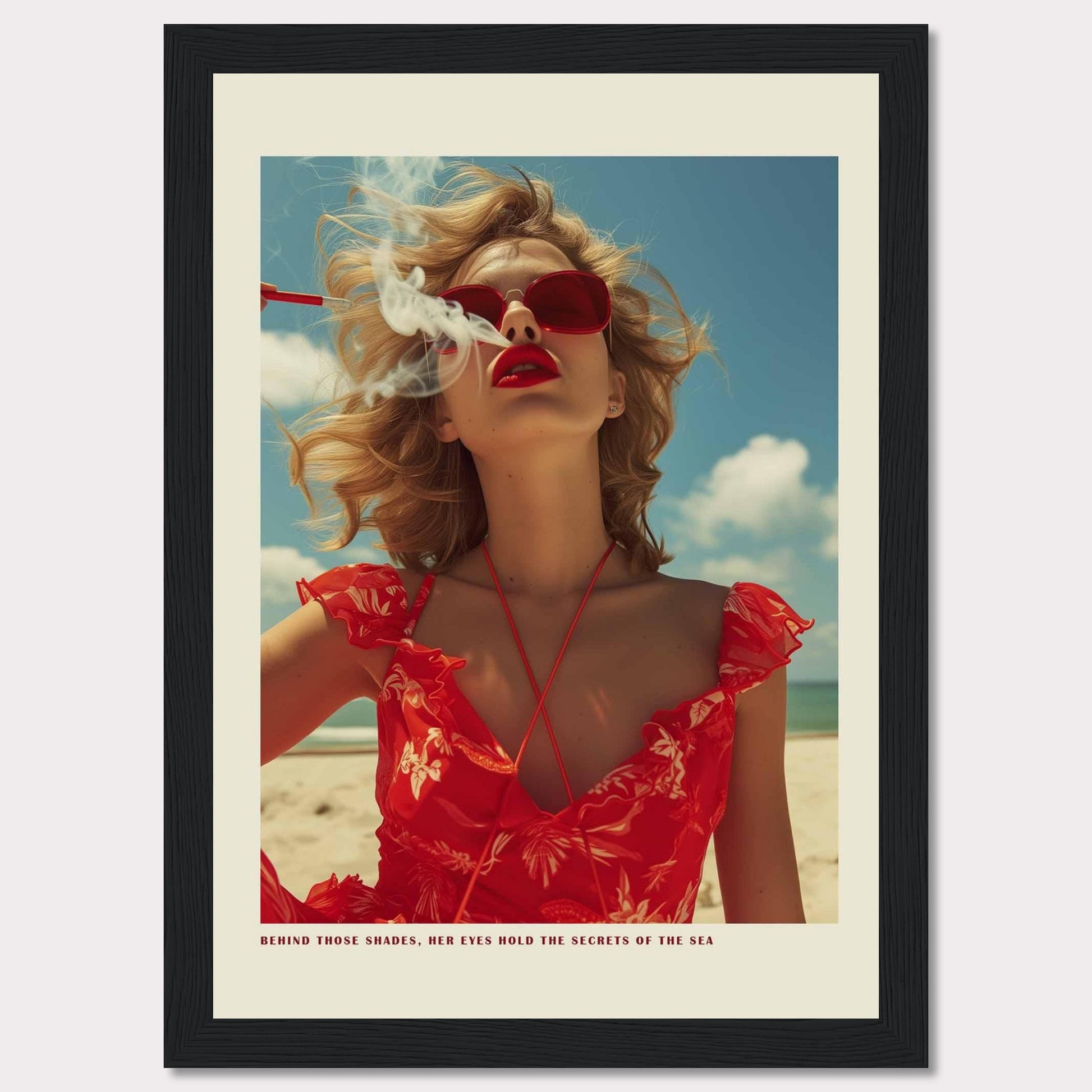 This striking image features a woman in a vibrant red dress and matching sunglasses, exuding confidence and mystery. The ocean and sky form the serene backdrop, while smoke adds an air of intrigue. The caption reads, "BEHIND THOSE SHADES, HER EYES HOLD THE SECRETS OF THE SEA."