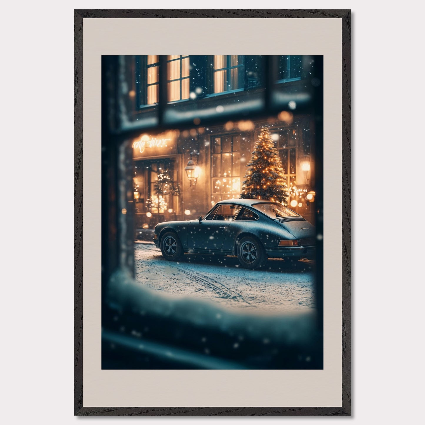 This cozy holiday poster captures a snowy Christmas evening, viewed through a frosty window. The glowing lights of a festive tree and a classic vintage car set the stage for a warm, nostalgic celebration. The snowflakes gently falling add magic to the enchanting alpine village atmosphere.