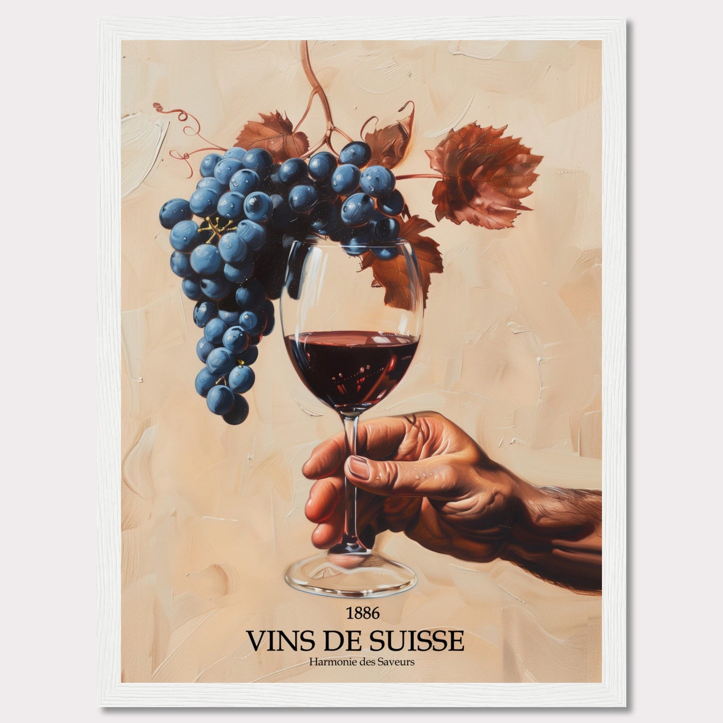 This captivating image showcases a hand holding a glass of red wine, with a luscious bunch of grapes hanging above it. The background is painted in warm, earthy tones, enhancing the rich colors of the grapes and wine.