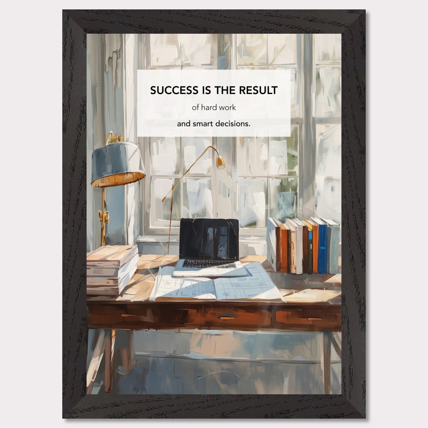 This inspiring poster showcases a serene and productive workspace bathed in natural light. The central message, "Success is the result of hard work and smart decisions," is prominently displayed.