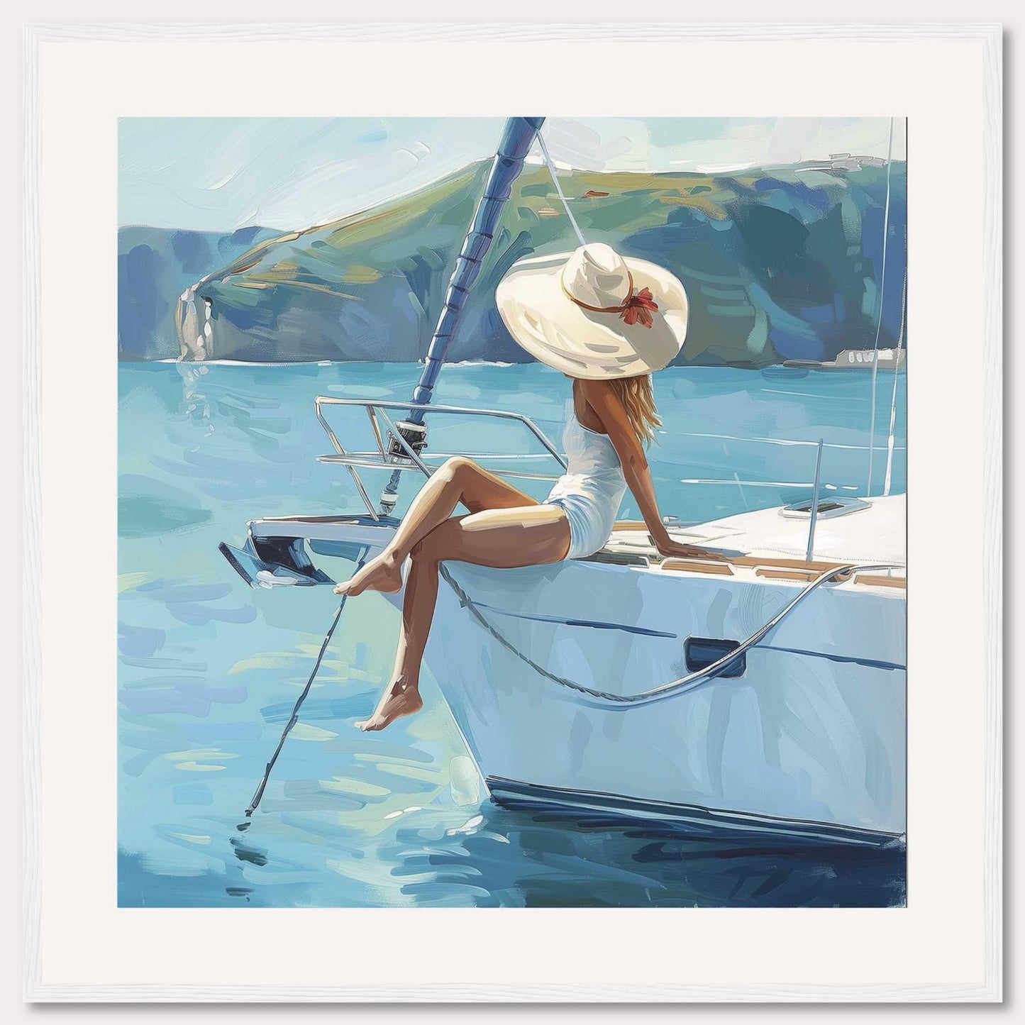 Immerse yourself in serenity with this stunning artwork of a woman lounging on a yacht, basking in the sun. The calm blue waters and picturesque coastal cliffs create a tranquil backdrop, while her wide-brimmed hat adds a touch of elegance.