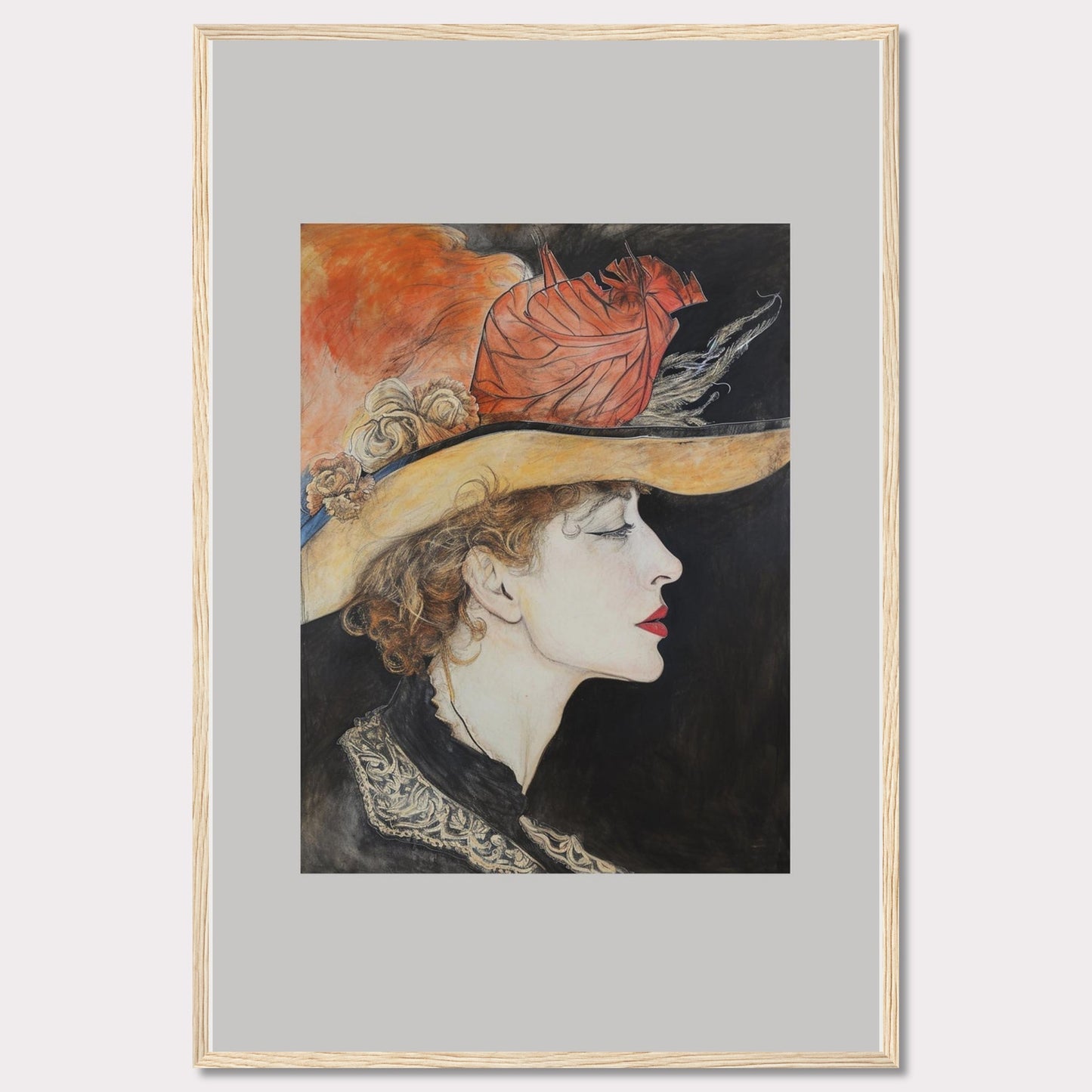 This captivating artwork features a side profile of a woman wearing an elegant hat adorned with feathers and flowers. The detailed illustration showcases her serene expression, accentuated by bold red lips and delicate curls framing her face. The background contrasts beautifully with the vibrant colors of the hat, adding depth to the portrait.