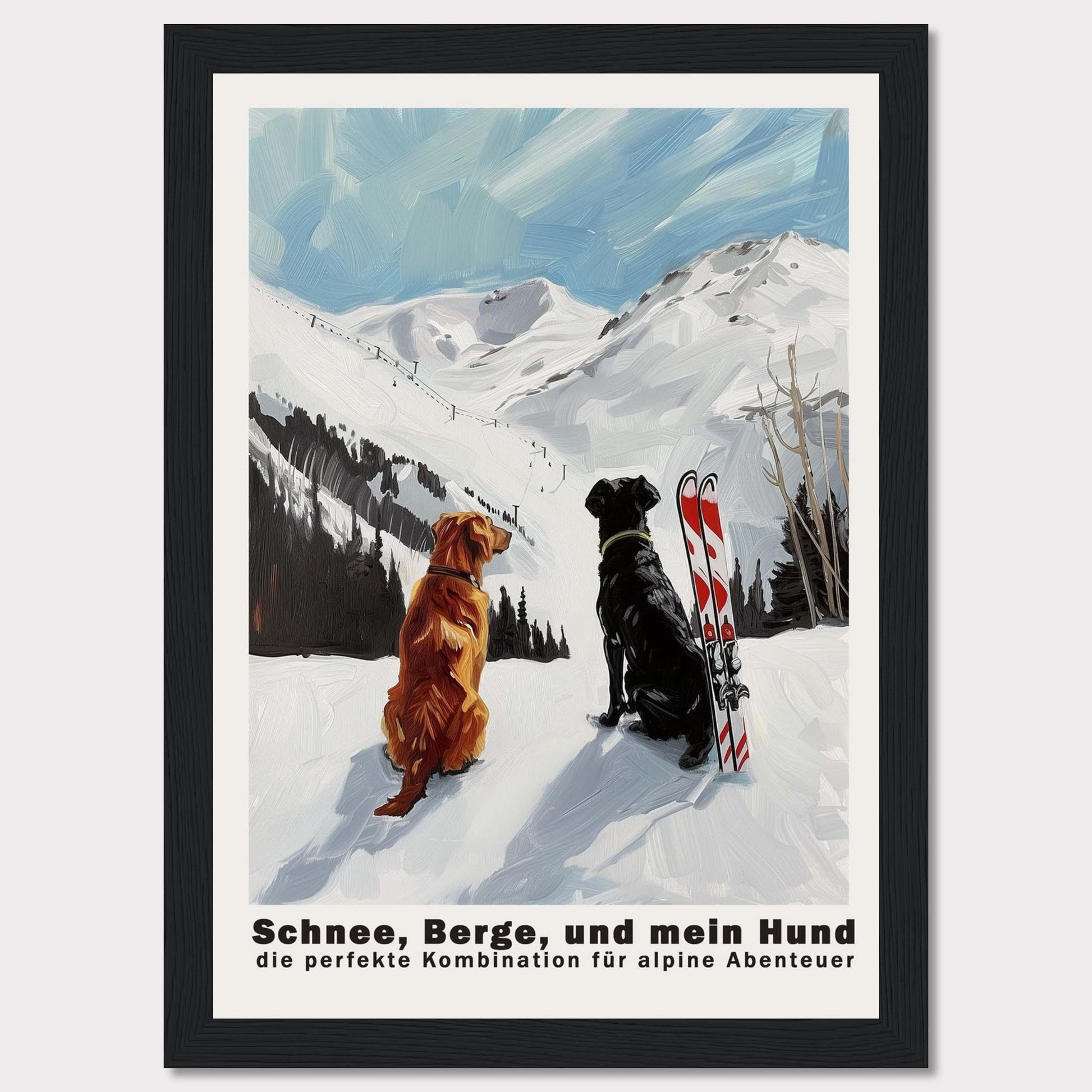 This image depicts two dogs sitting in the snow, gazing at a snowy mountain landscape. Next to them is a pair of skis, suggesting an alpine adventure. The sky is clear with a few clouds, adding to the serene and adventurous atmosphere.