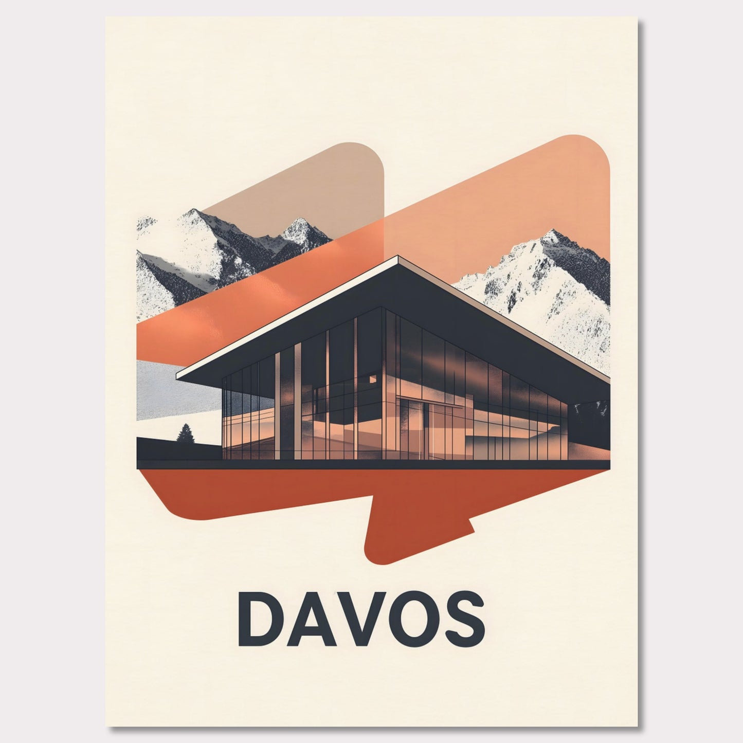 A sleek, modern representation of Davos, featuring a glass-fronted building set against towering alpine mountains. The minimalist color palette and subtle lighting effects give the scene a futuristic yet inviting feel.