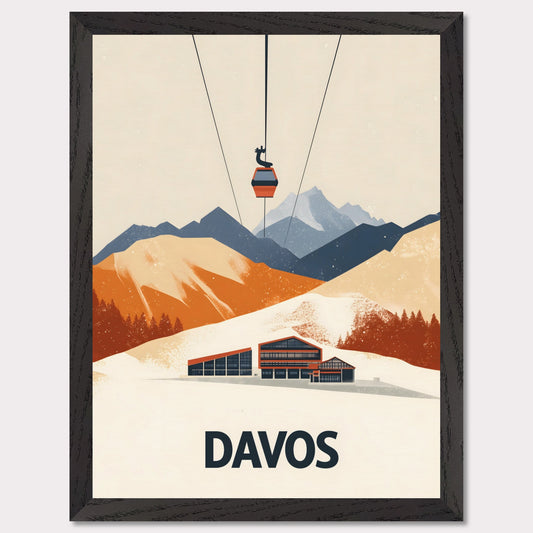 A stunning visual of a winter resort in Davos, nestled among snow-covered mountains. A cable car ascends above, symbolizing the excitement of skiing and high-altitude adventures.