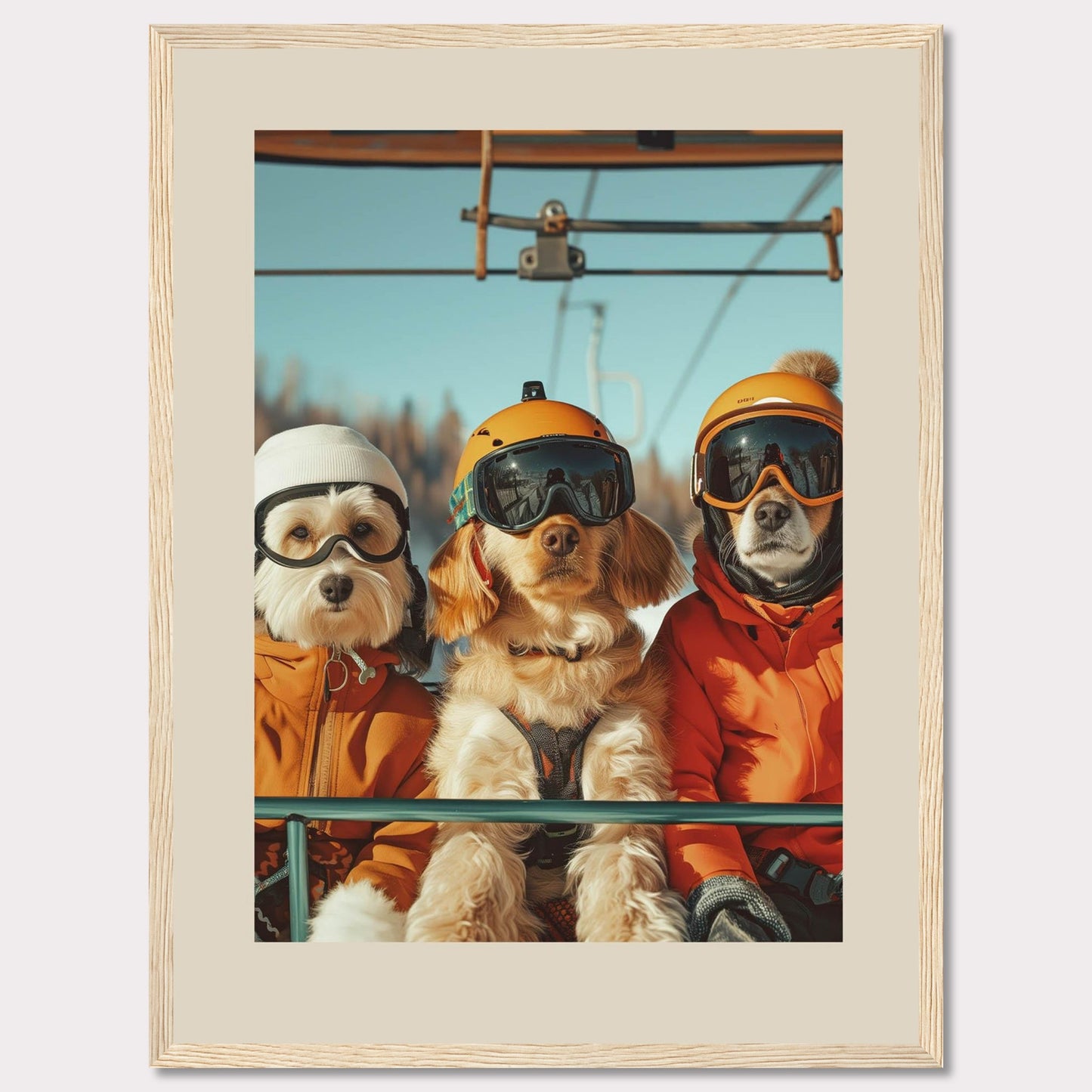 This charming photo features three adorable dogs dressed in winter gear, complete with helmets and goggles, enjoying a ride on a ski lift. The bright blue sky and snowy background add to the fun and adventurous atmosphere.