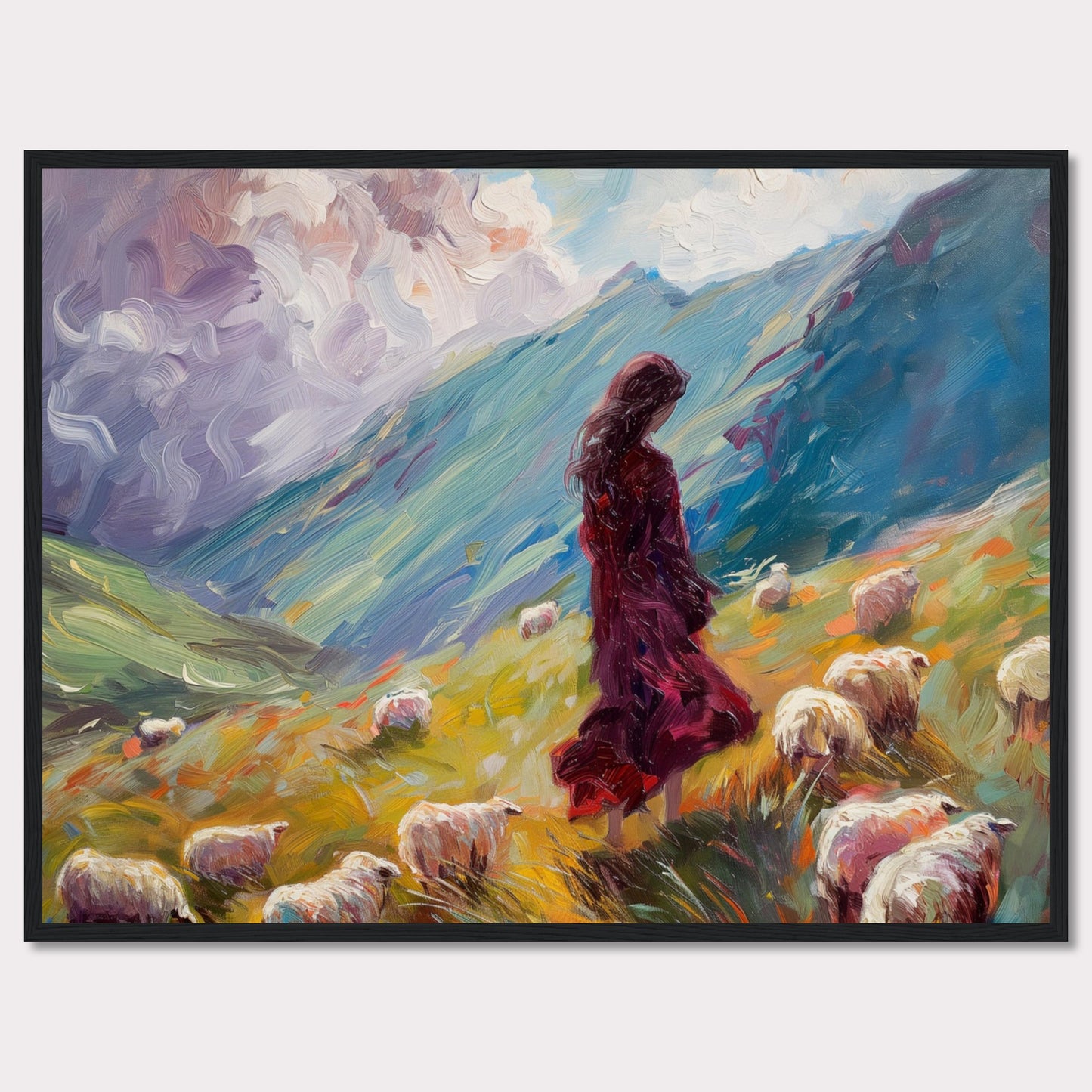 This captivating painting portrays a serene pastoral scene where a woman in a flowing red dress stands amidst a flock of sheep on a vibrant, rolling hillside. The background features dramatic, swirling clouds and lush green mountains, creating a sense of tranquility and connection with nature.