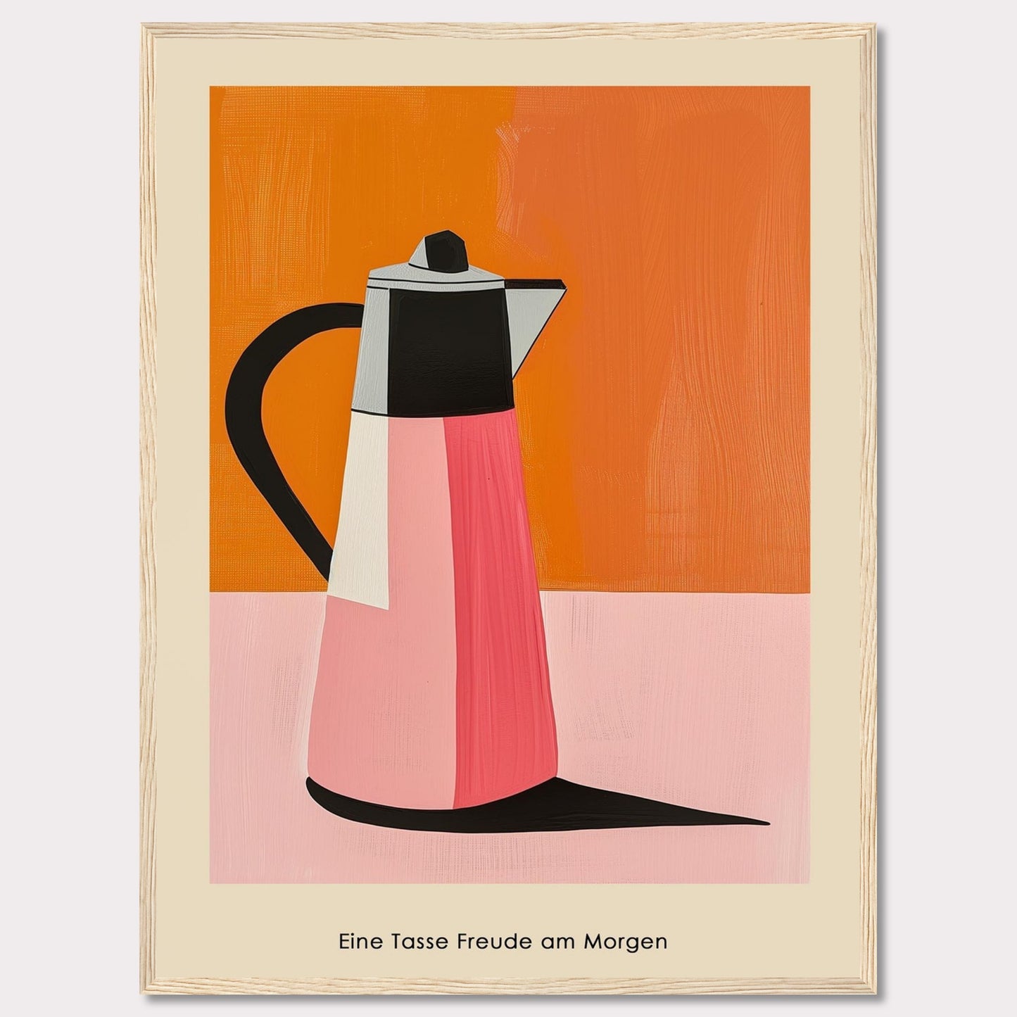 This image features a vibrant, modern art depiction of a coffee pot against a bold orange and pink background.