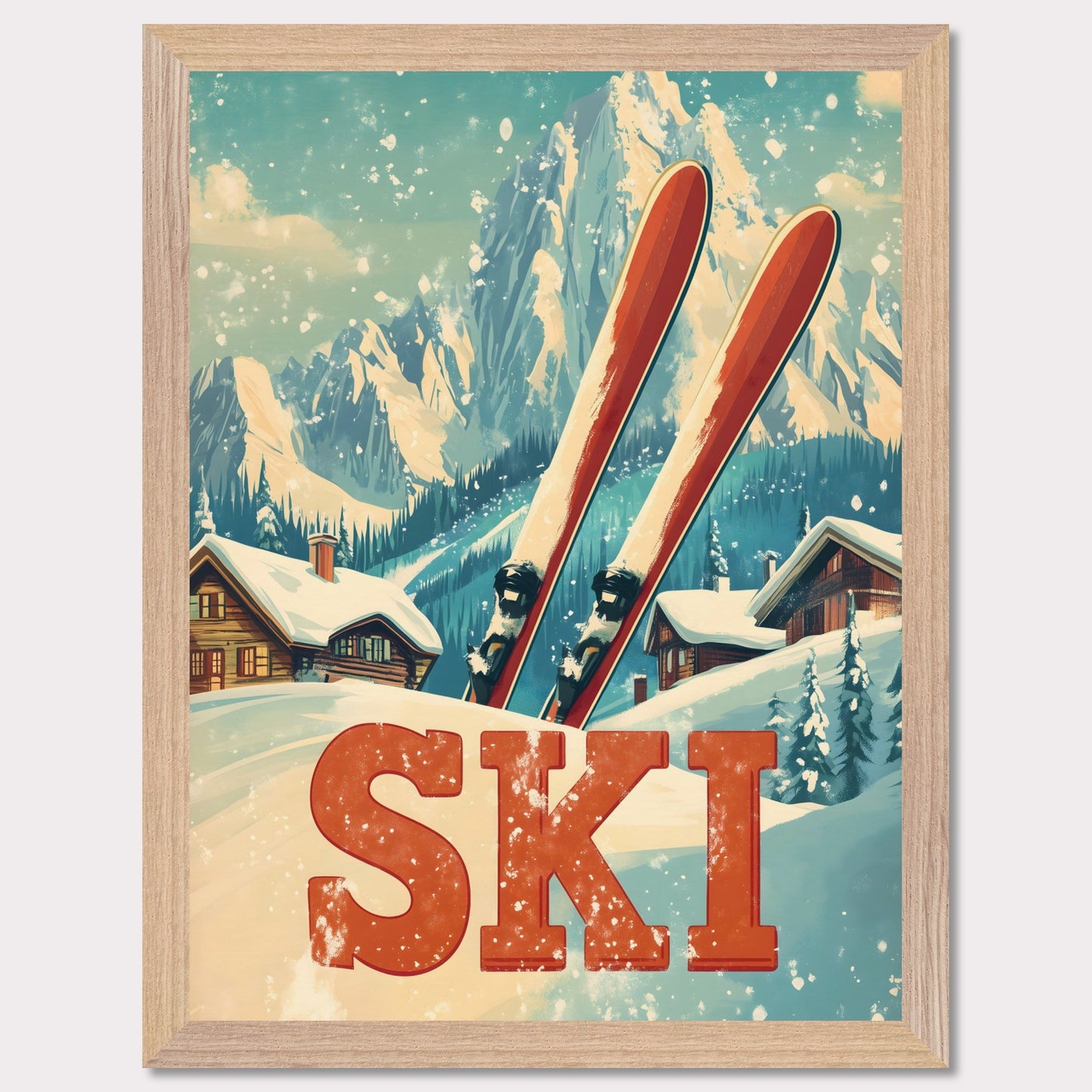 This captivating poster evokes the thrill of retro skiing with its vibrant and colorful design. Featuring a vintage-inspired skier mid-descent against a backdrop of majestic alpine peaks, it captures the essence of a bygone era of adventure. The dynamic composition and bold colors transport viewers to the golden age of skiing, making it an instant eye-catcher.