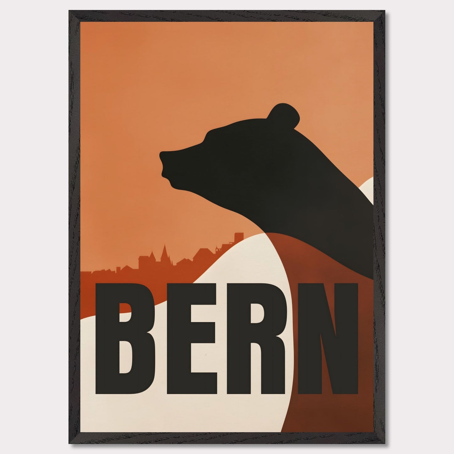 This minimalist poster features the silhouette of a bear — the symbol of Bern — against an orange sky and the city's architectural skyline. Simple yet profound, the design captures the atmosphere of Switzerland's capital and its rich cultural heritage.