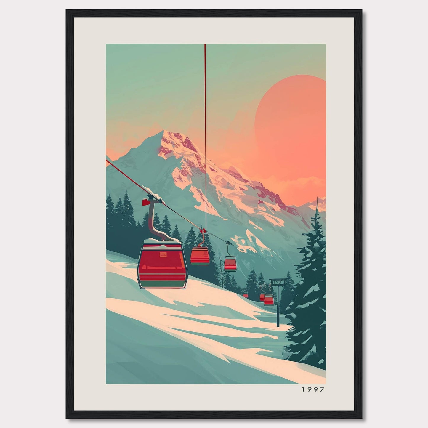 This captivating artwork depicts a serene mountain landscape with ski lifts ascending towards a majestic snow-capped peak under a warm, pastel-colored sky. The scene is framed by evergreen trees, creating a tranquil and inviting atmosphere.