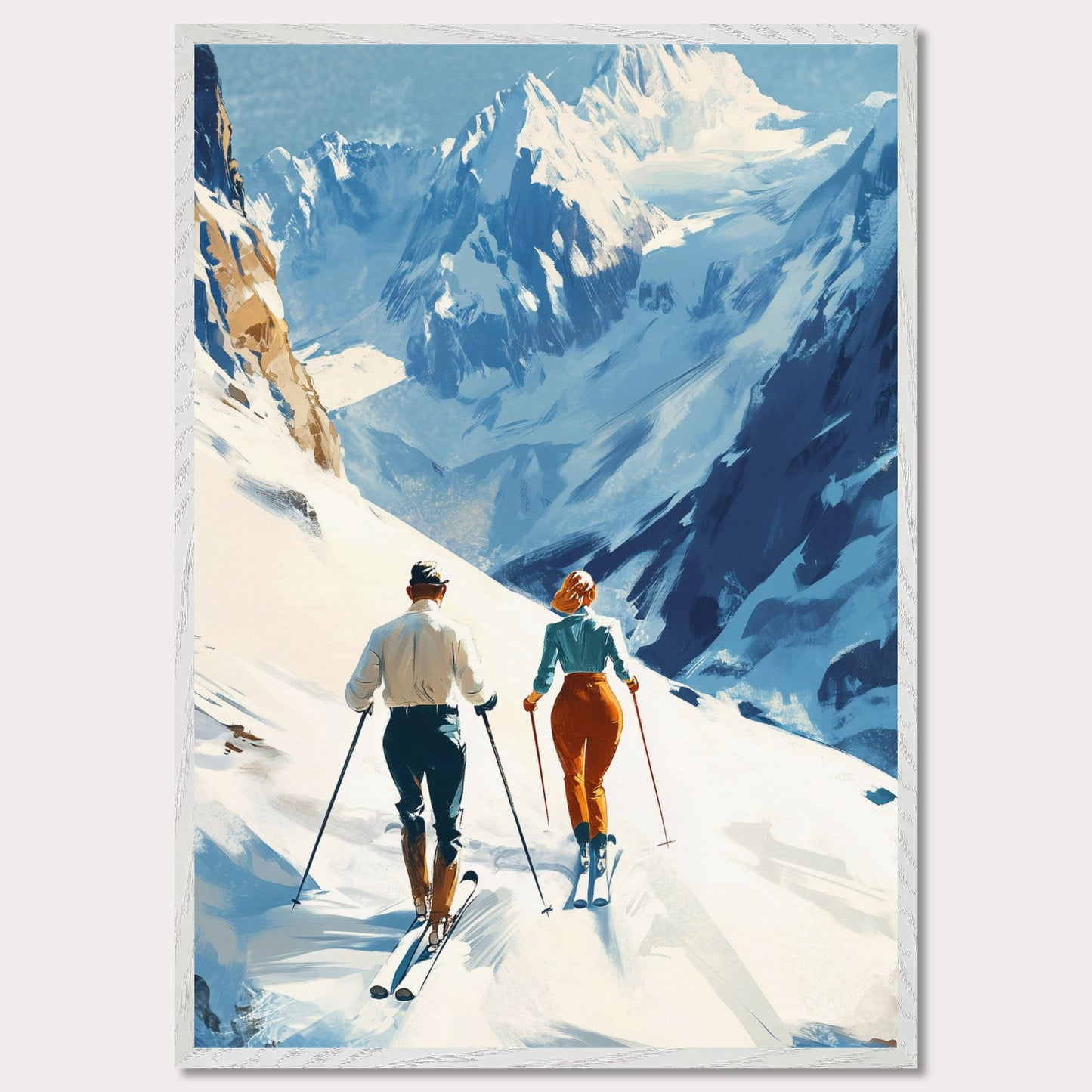 This retro poster captures the elegance and adventure of alpine skiing in Switzerland, circa 1960. Two fashionable skiers glide down the pristine snow with majestic mountains towering in the background. The vibrant colors of their outfits contrast beautifully against the white landscape, while the bold lettering emphasizes the stylish allure of alpine sports.