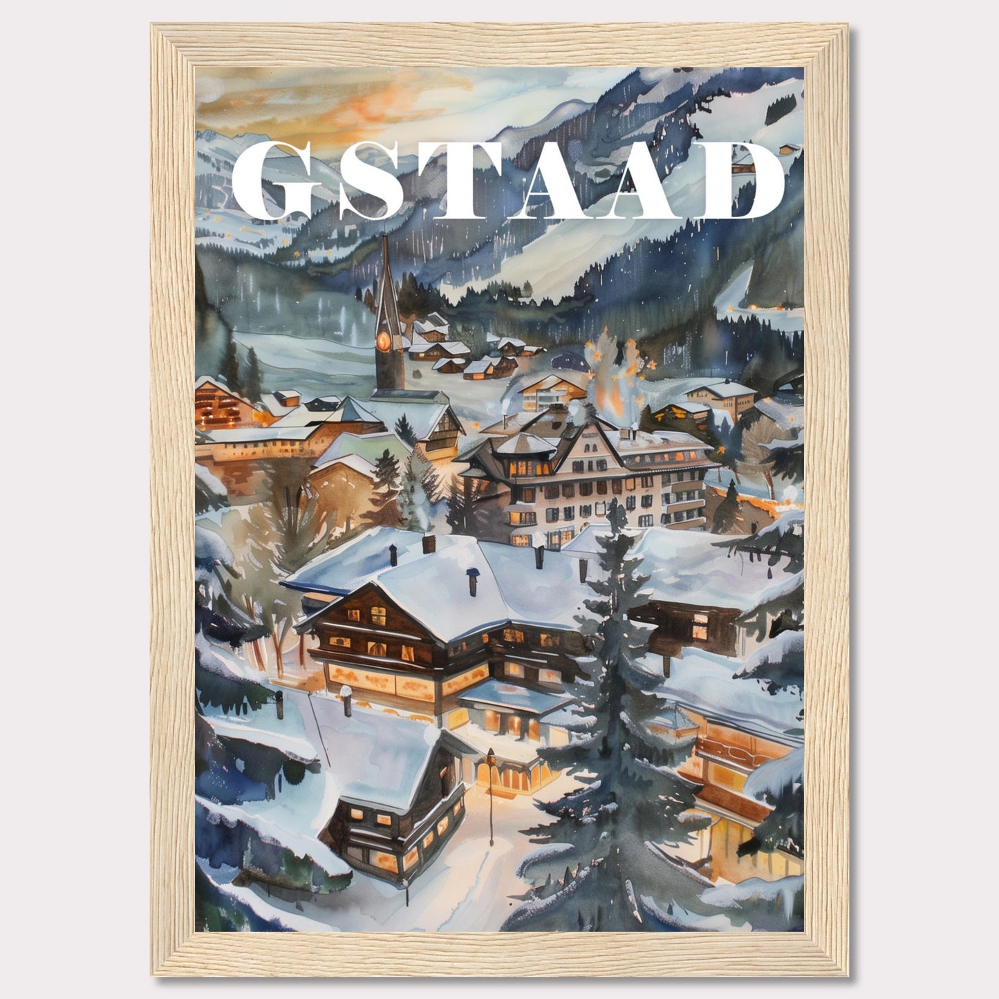 This image showcases a beautiful winter scene of Gstaad, a picturesque village nestled in the Swiss Alps. The painting captures the charm of snow-covered chalets, pine trees, and a serene mountainous backdrop under a soft evening sky.