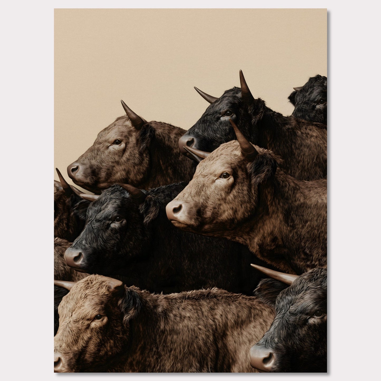 This illustration depicts a group of oxen with varying shades of brown and black fur, closely packed together against a plain beige background.

This poster will fit well in rustic or farmhouse-style interiors, animal-themed spaces, or art collections focusing on wildlife.