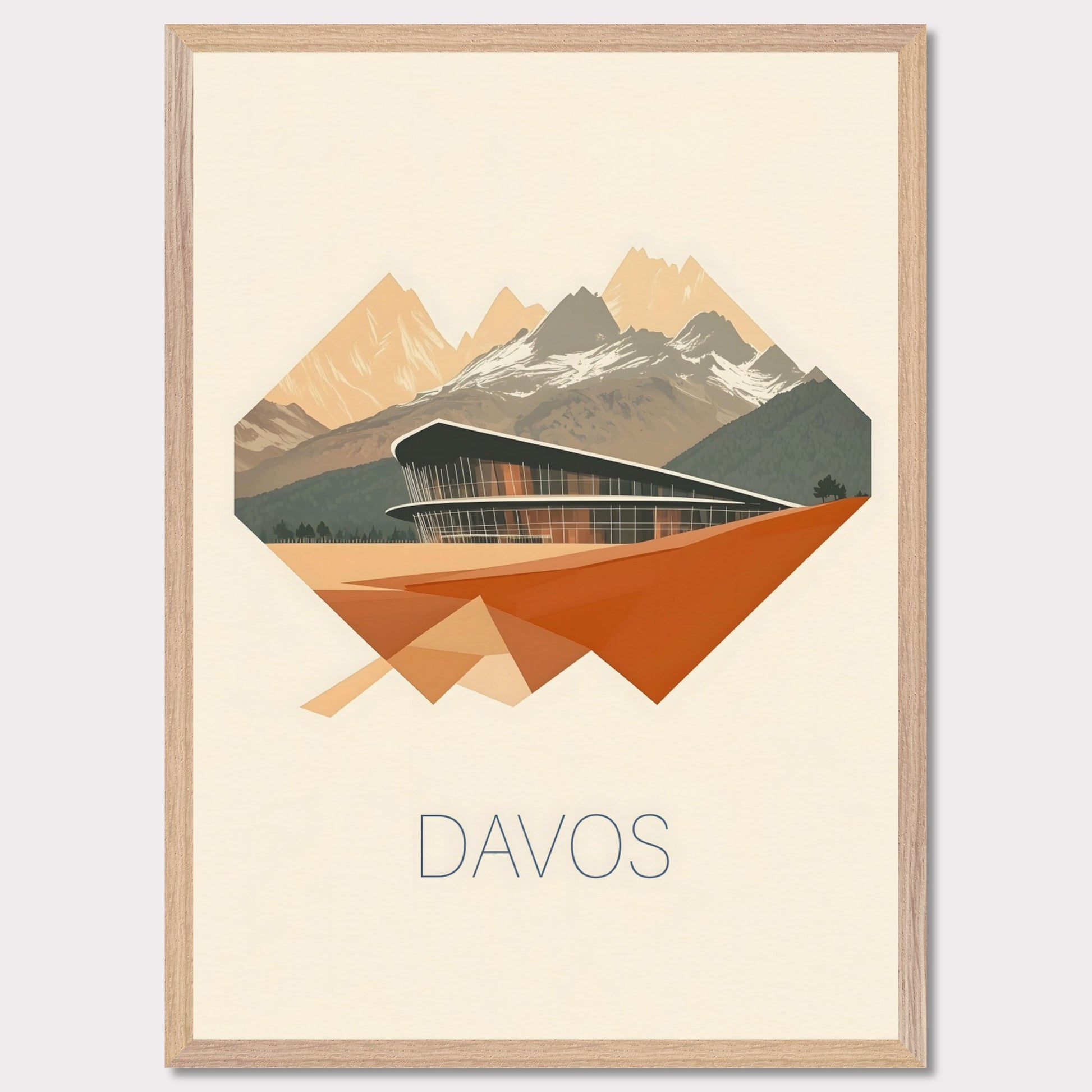 A visually striking poster featuring Davos’ futuristic architecture, integrated into an angular, geometric design. The sharp lines and warm earth tones contrast with the cool mountain backdrop, creating a bold, dynamic effect.