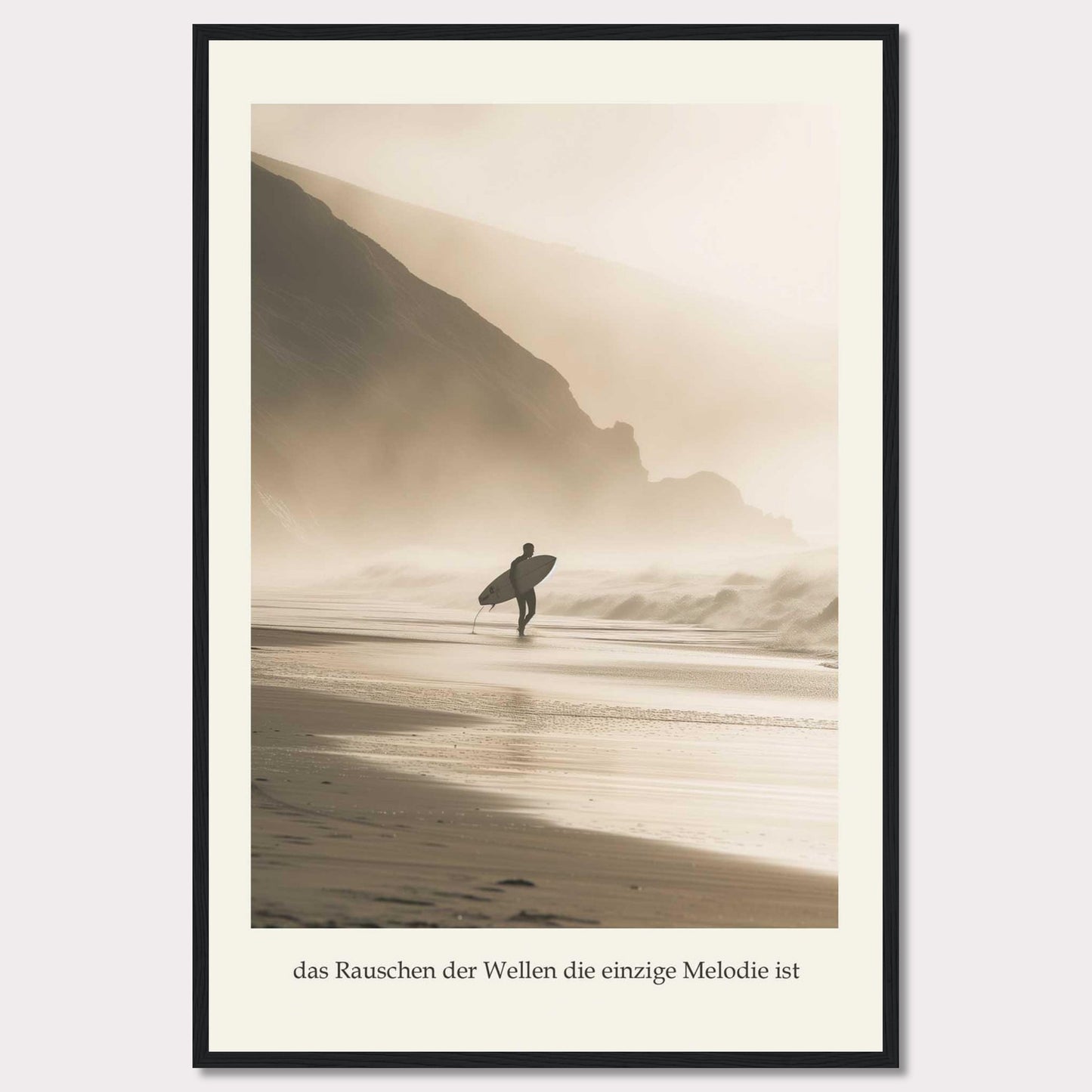 This captivating photograph captures a lone surfer walking along a misty beach, surfboard in hand, with towering cliffs in the background.