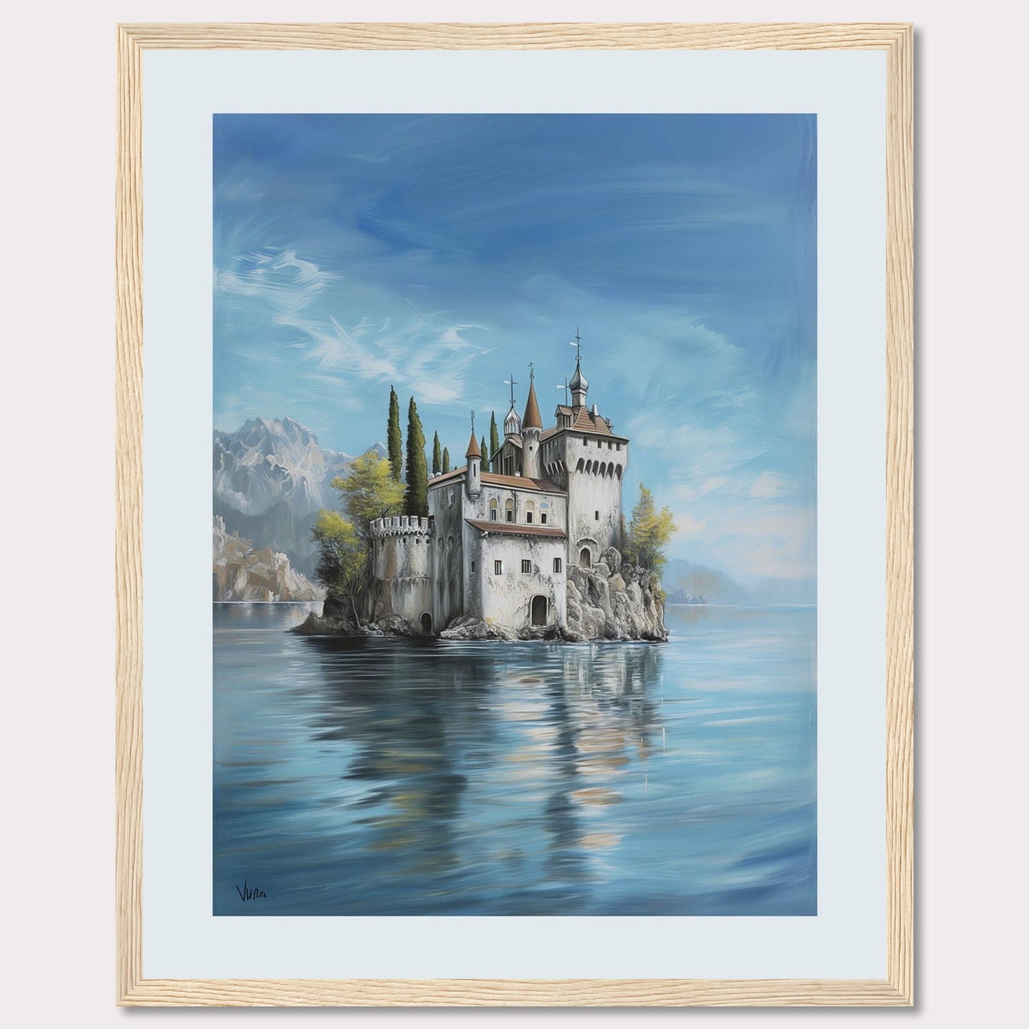 This stunning painting captures the serene beauty of a majestic castle perched on a small island, surrounded by calm waters. The scene is set against a backdrop of distant mountains and a clear blue sky, evoking a sense of tranquility and wonder.