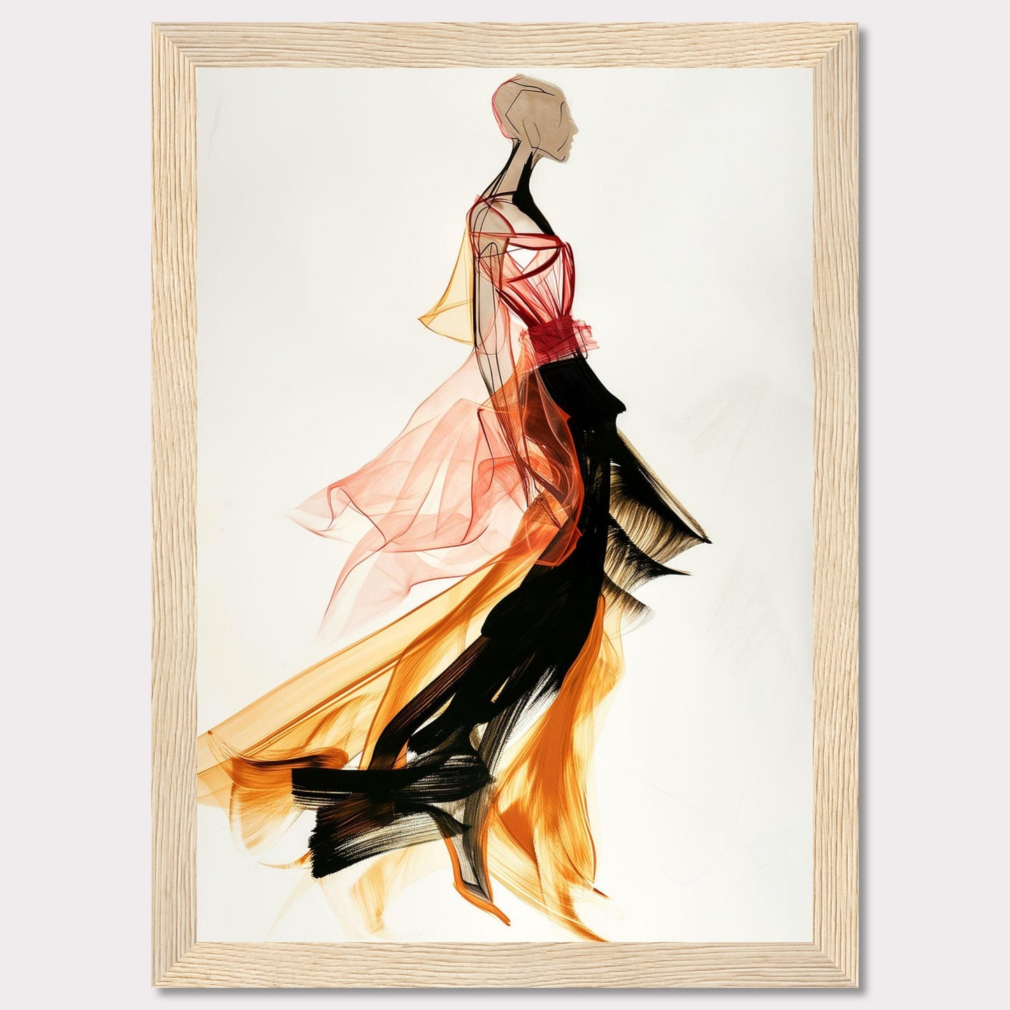 This captivating artwork showcases a fashion illustration of a figure in a flowing, vibrant dress. The dress features dynamic colors and textures, blending red, orange, and black hues. The abstract style and fluid lines create a sense of movement and elegance.