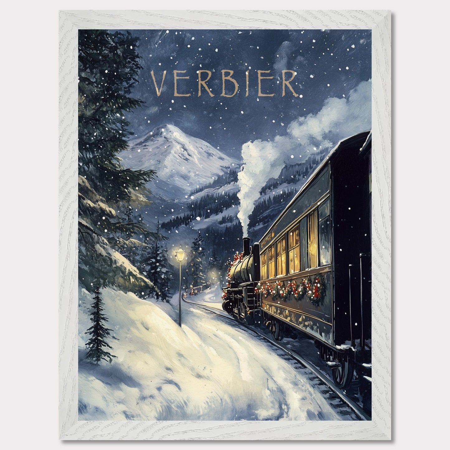 This charming, vintage-inspired poster transports you to a winter wonderland in Verbier, as a steam train adorned with festive decorations winds its way through a snowy mountain landscape. The warm glow from the train’s windows contrasts beautifully with the cool, snowy surroundings, creating a nostalgic and inviting atmosphere. The gentle snowfall and the towering mountain peaks in the background complete the serene yet adventurous feel of this picturesque winter journey.