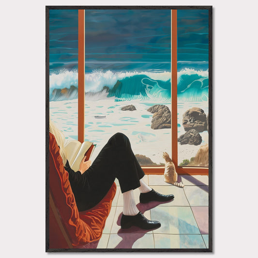 This captivating artwork depicts a serene scene where a person is sitting comfortably by a large window, reading a book. Outside, the ocean waves crash against the rocky shore, creating a mesmerizing view. A cat sits by the window, also gazing at the beautiful seascape.