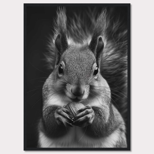 This captivating black and white photograph showcases a close-up of a squirrel holding a nut. The fine details of the squirrel's fur and the texture of the nut are beautifully highlighted, creating a striking contrast against the dark background. The squirrel's focused gaze adds an element of intensity to the image.