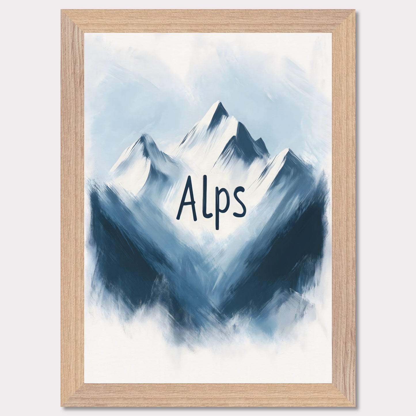 This minimalistic poster captures the raw beauty of alpine peaks, portrayed in a painterly, soft blue tone. The ethereal ambiance evokes a sense of peace and awe, celebrating the untouched splendor of nature.