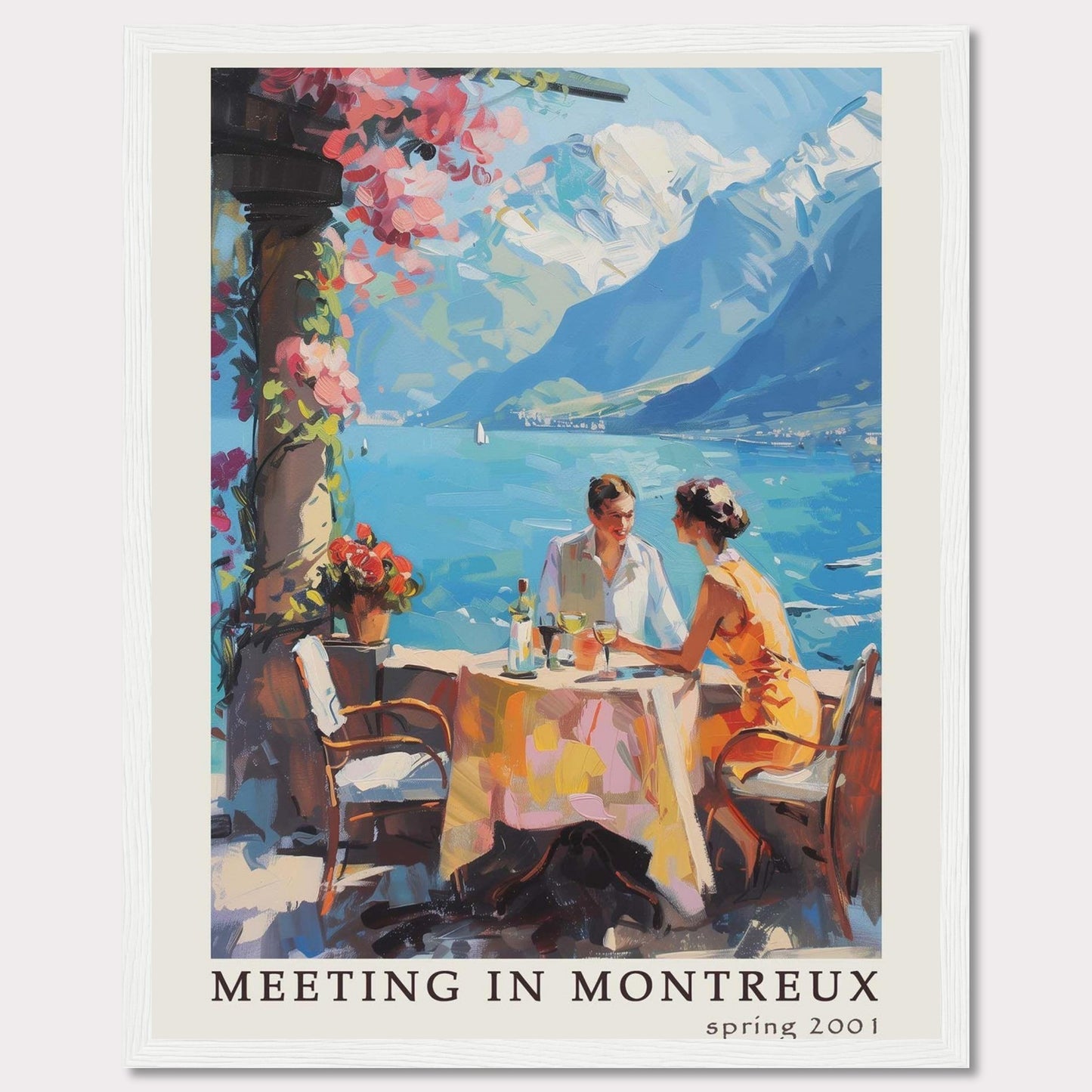 This vibrant poster captures a serene moment of a couple dining outdoors with the stunning backdrop of Montreux's picturesque lakeside and mountains.