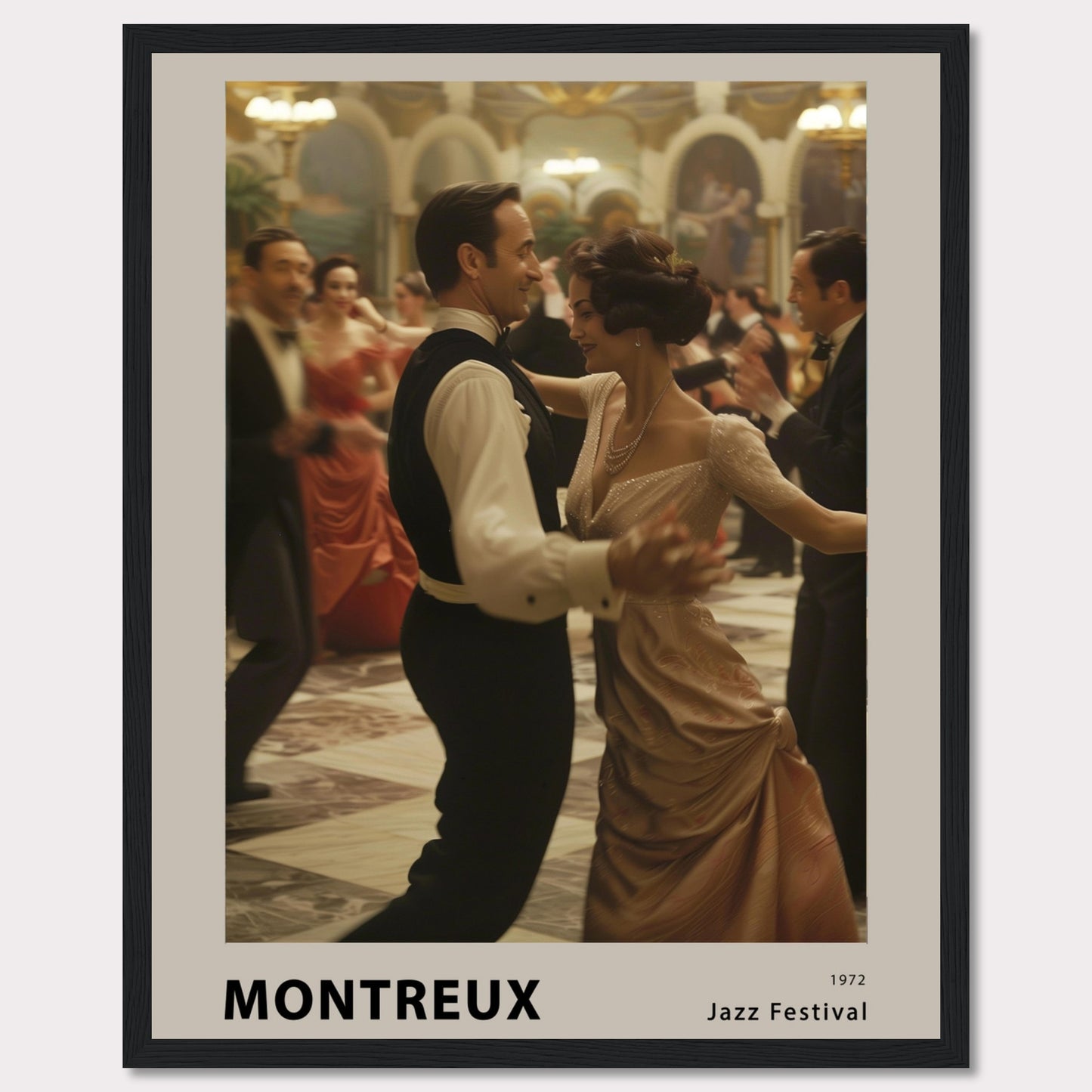 This elegant poster captures a moment of grace and sophistication at the Montreux Jazz Festival in 1972. A couple is seen dancing in a grand ballroom, surrounded by other elegantly dressed attendees. The atmosphere is vibrant and full of life, evoking the charm and allure of a bygone era.