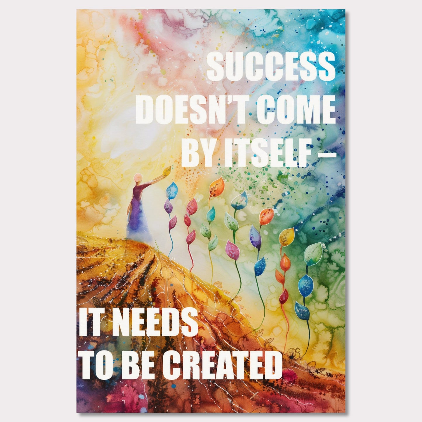 Colorful and inspiring poster featuring the motivational quote: "SUCCESS DOESN'T COME BY ITSELF - IT NEEDS TO BE CREATED".