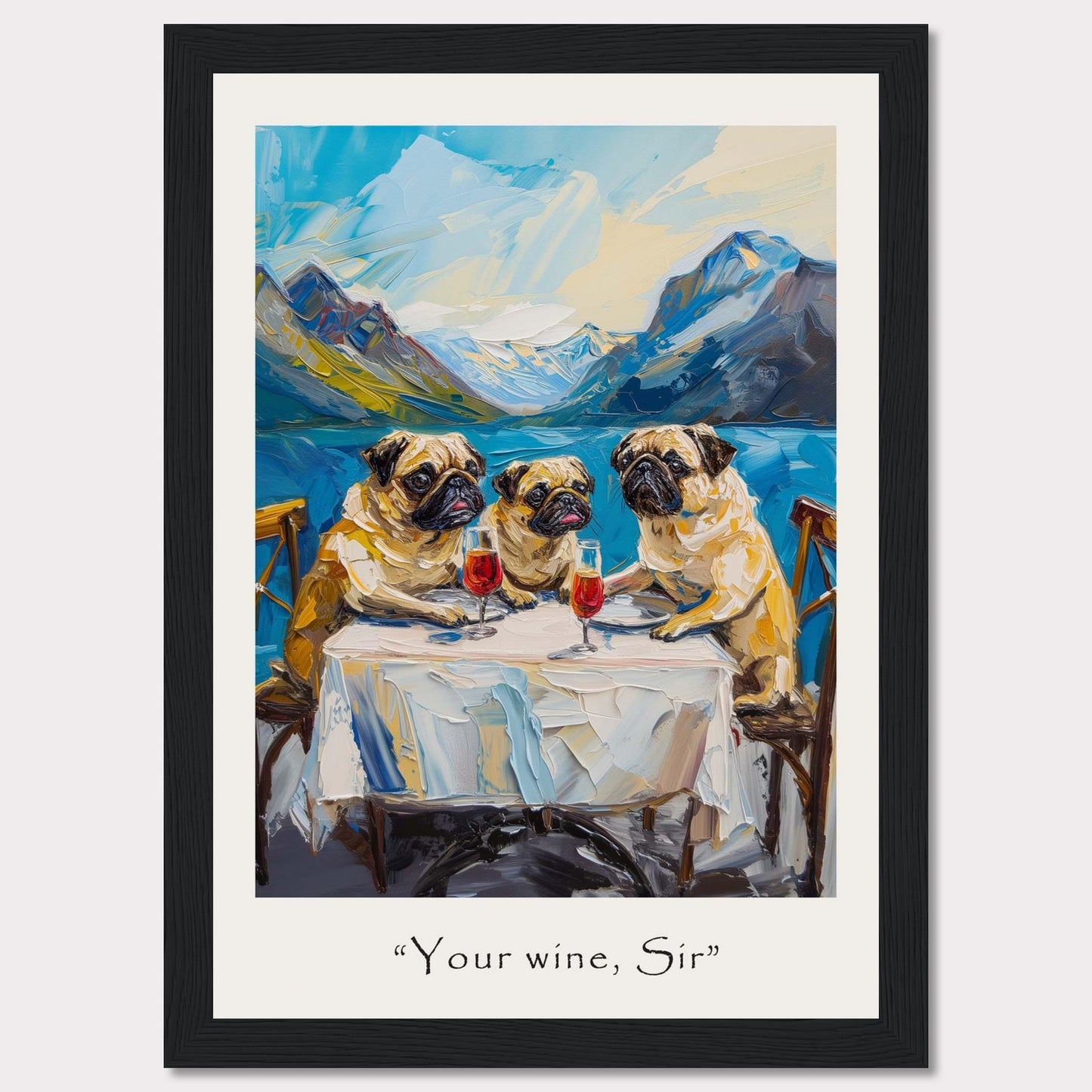 This whimsical painting depicts three pugs sitting at a table, each with a glass of red wine in front of them. The background showcases a stunning mountain landscape with a serene lake. The artwork is framed and includes the caption "Your wine, Sir" at the bottom.