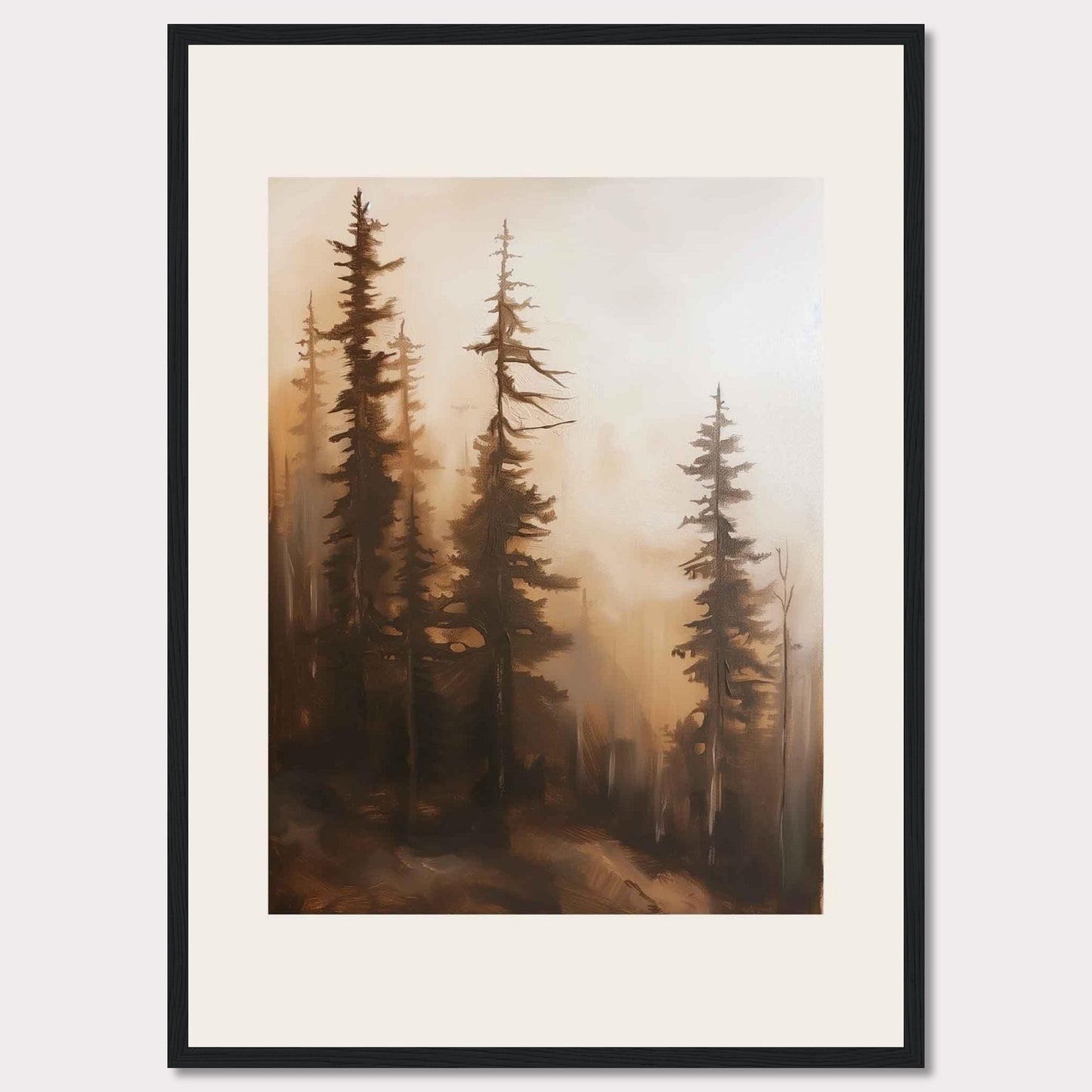 This captivating artwork features a serene forest scene enveloped in mist, evoking a sense of tranquility and mystery. The tall, slender trees stand majestically, their branches reaching out into the foggy atmosphere. The soft, warm hues create a calming ambiance, making it a perfect addition to any living space.