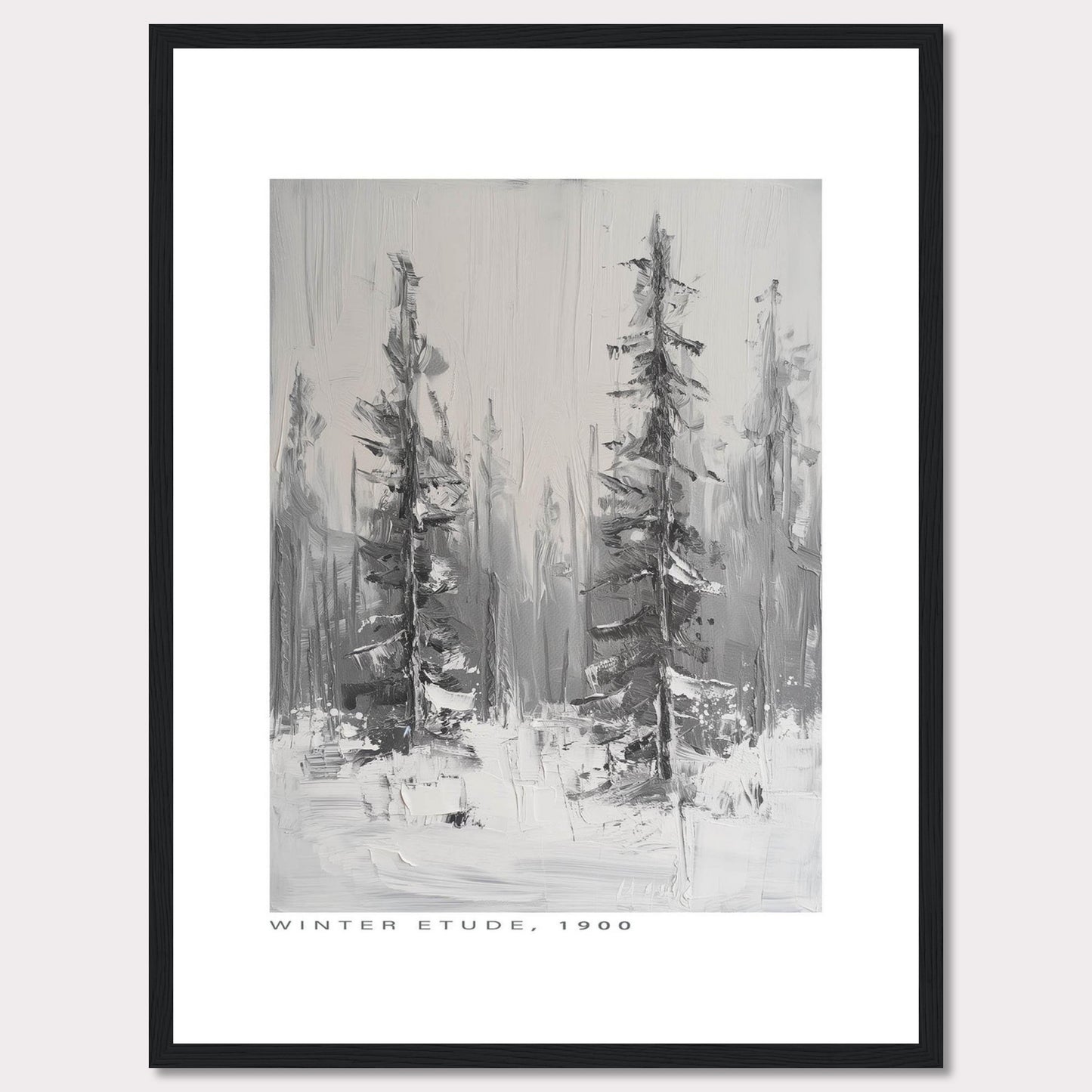 This image showcases a framed painting titled "Winter Etude, 1900". The artwork depicts a serene winter landscape with two prominent trees standing tall amidst a snowy backdrop. The painting is done in grayscale, emphasizing the cold and tranquil atmosphere of winter.