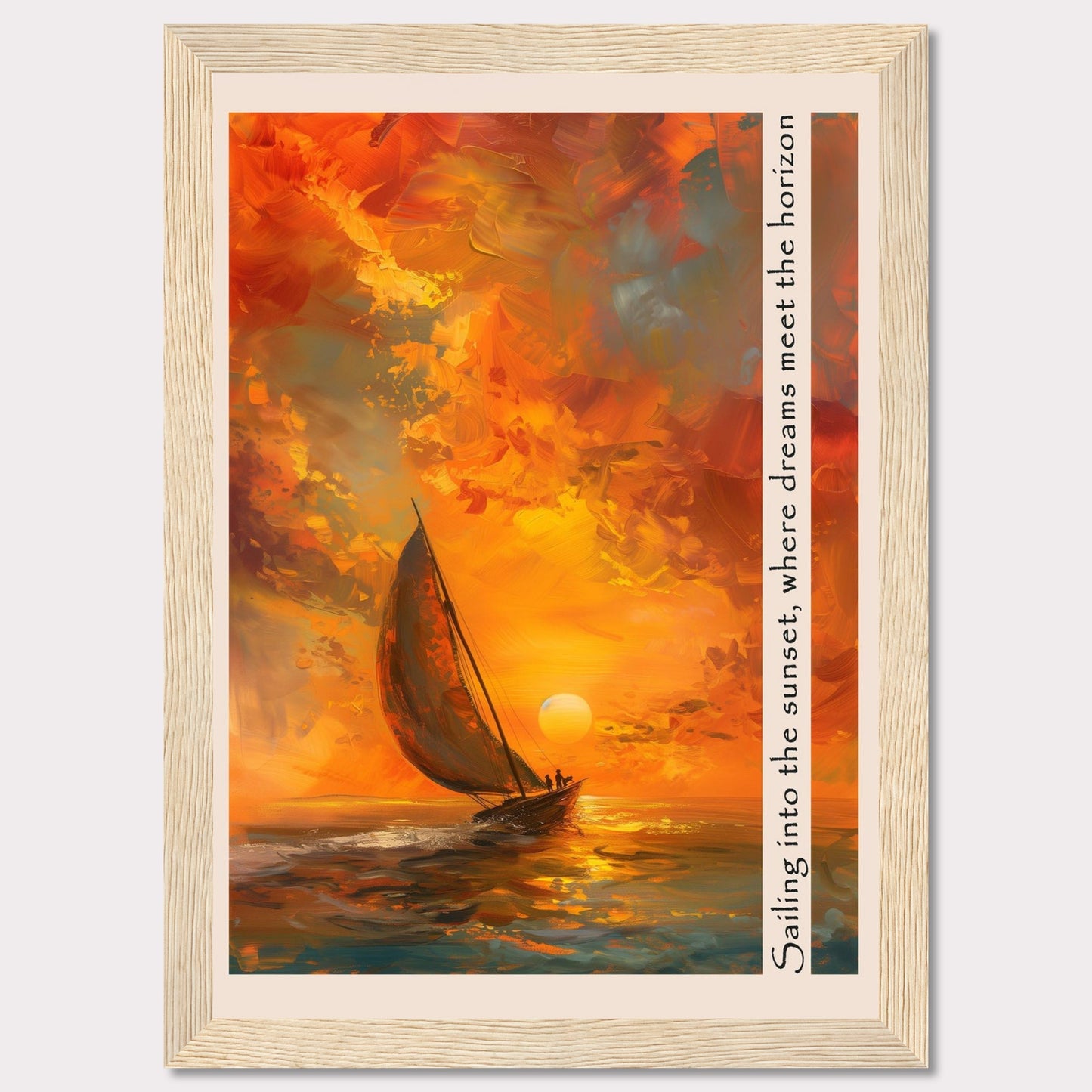 This captivating artwork depicts a sailboat gliding through the vibrant hues of a sunset, where the sky meets the sea in a harmonious blend of colors. The painting's warm tones evoke a sense of tranquility and adventure.