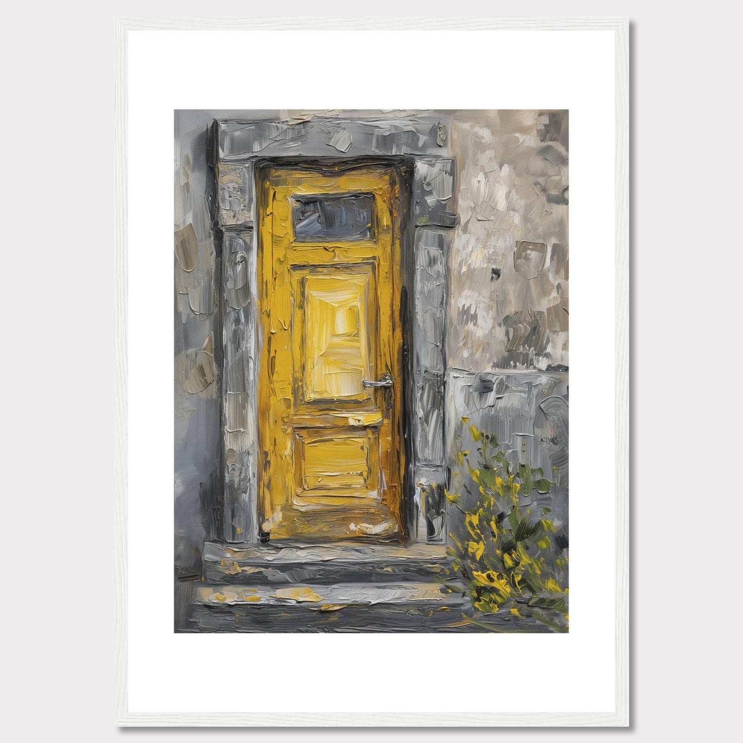 This image showcases a beautiful painting of a vibrant yellow door set within a textured, weathered stone wall. The artwork captures the rustic charm and character of an old building, with hints of greenery peeking through at the bottom right corner.