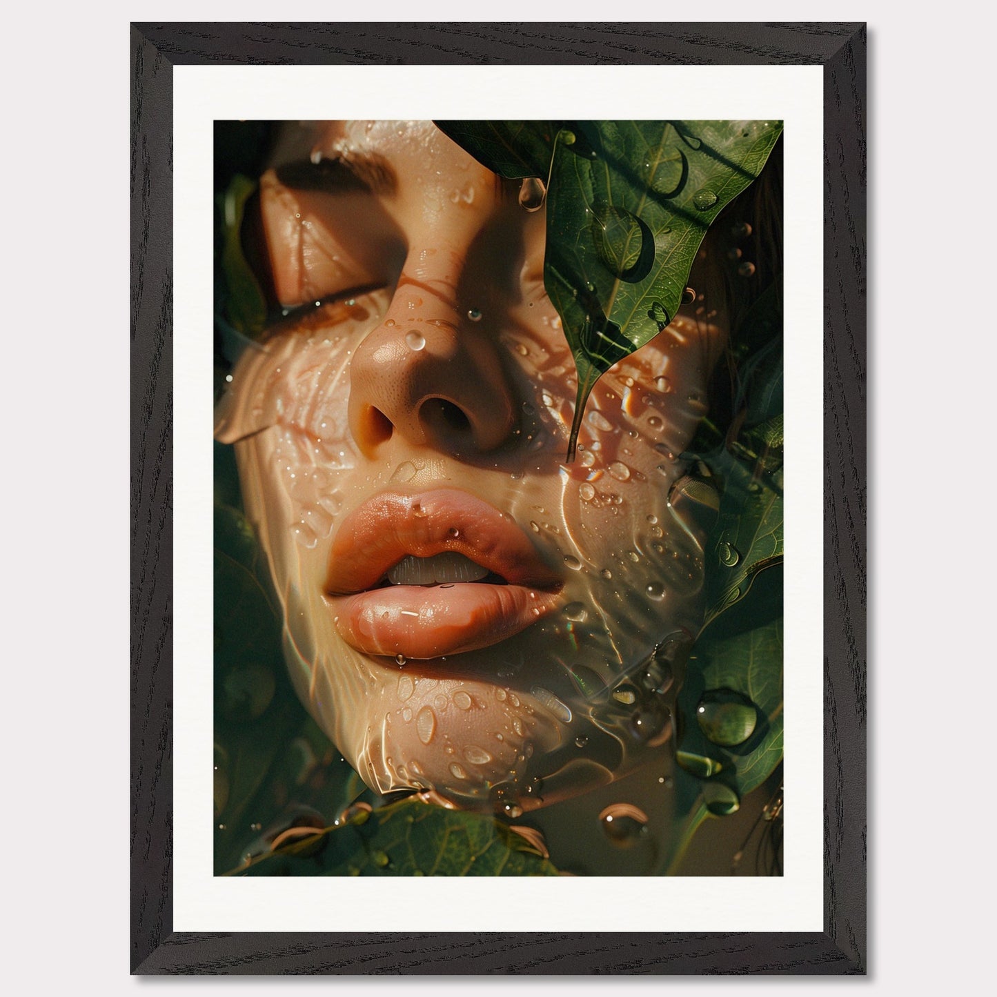 This is an artistic illustration depicting a close-up of a woman's face partially covered by leaves and water droplets.

This poster would fit well in a modern living room, bedroom, or office space, adding a touch of nature and surreal beauty to the decor.