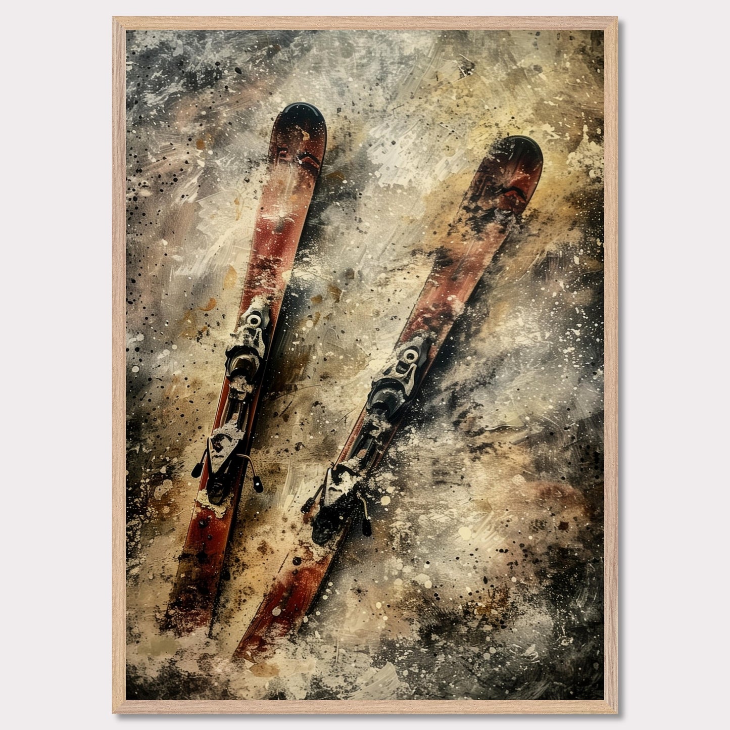 This image showcases a pair of vintage red skis with bindings, set against a textured, abstract background. The skis are positioned diagonally, creating a dynamic and energetic composition.