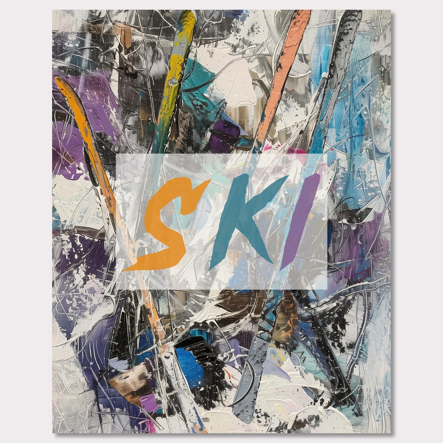 This vibrant artwork showcases an abstract composition featuring colorful ski elements. The word "SKI" is prominently displayed in bold, dynamic letters across the center. The background is a chaotic mix of brushstrokes and textures, creating a sense of movement and energy.