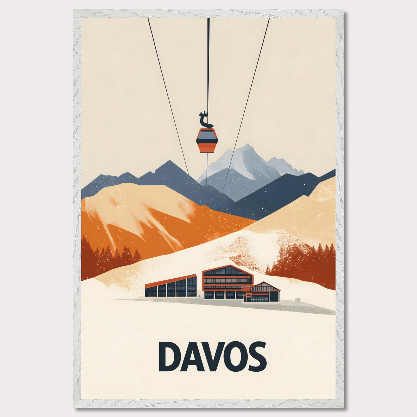 A stunning visual of a winter resort in Davos, nestled among snow-covered mountains. A cable car ascends above, symbolizing the excitement of skiing and high-altitude adventures.