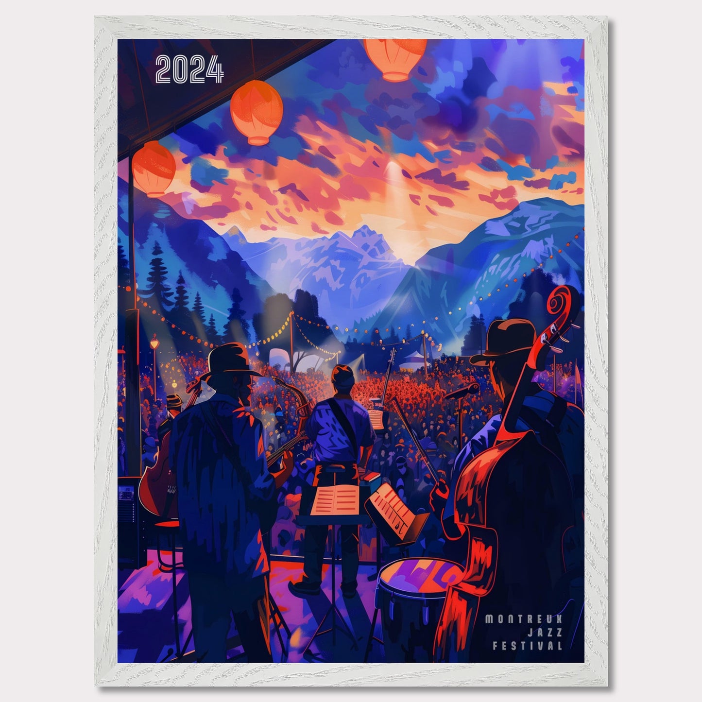 This vibrant poster depicts a lively jazz festival set against a stunning mountain backdrop. The scene is illuminated by colorful lanterns and features a band performing to a large, enthusiastic crowd. The sky is painted with dramatic hues of orange and purple, enhancing the festive atmosphere.