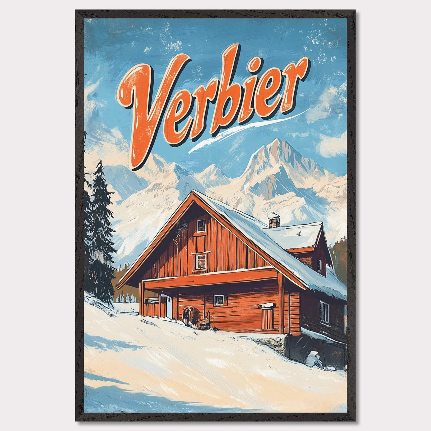 This vintage-inspired poster features a charming wooden chalet nestled against the stunning mountains of Verbier. The warm tones of the cabin contrast beautifully with the snowy landscape and towering peaks, creating a welcoming, serene winter scene. The retro design with bold typography invites viewers to imagine a peaceful retreat in the heart of the Swiss Alps, where adventure and comfort come together.