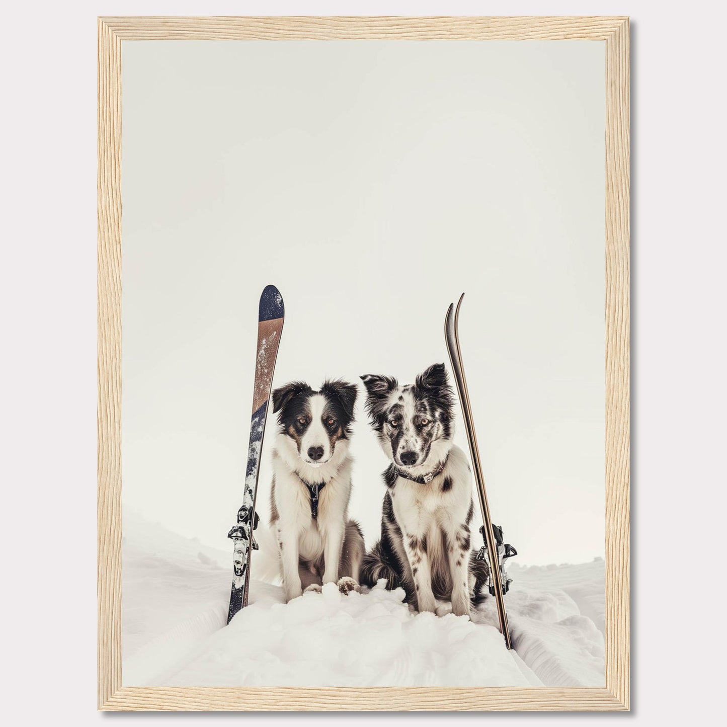 This charming photo captures two adorable dogs sitting in the snow with skis beside them, evoking a sense of adventure and playfulness. The scene is set against a serene snowy backdrop, highlighting the dogs and their playful expressions.