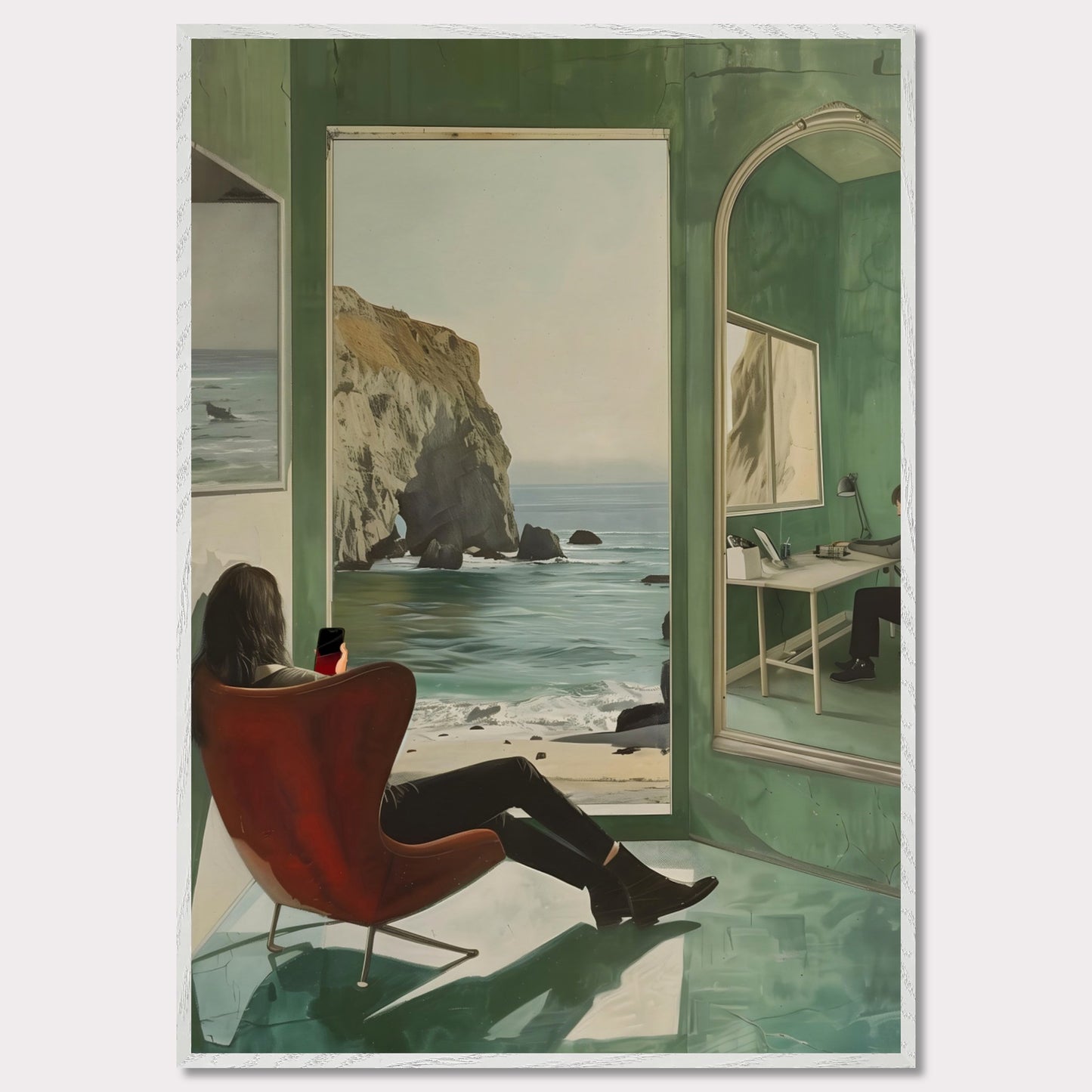 This captivating artwork depicts a serene coastal scene viewed from inside a room. A person is seated in a red chair, gazing out at the ocean through an open window. The reflection of another person working at a desk is visible in a large mirror on the right side. The room's green walls and floor create a calming ambiance, enhancing the peacefulness of the ocean view.