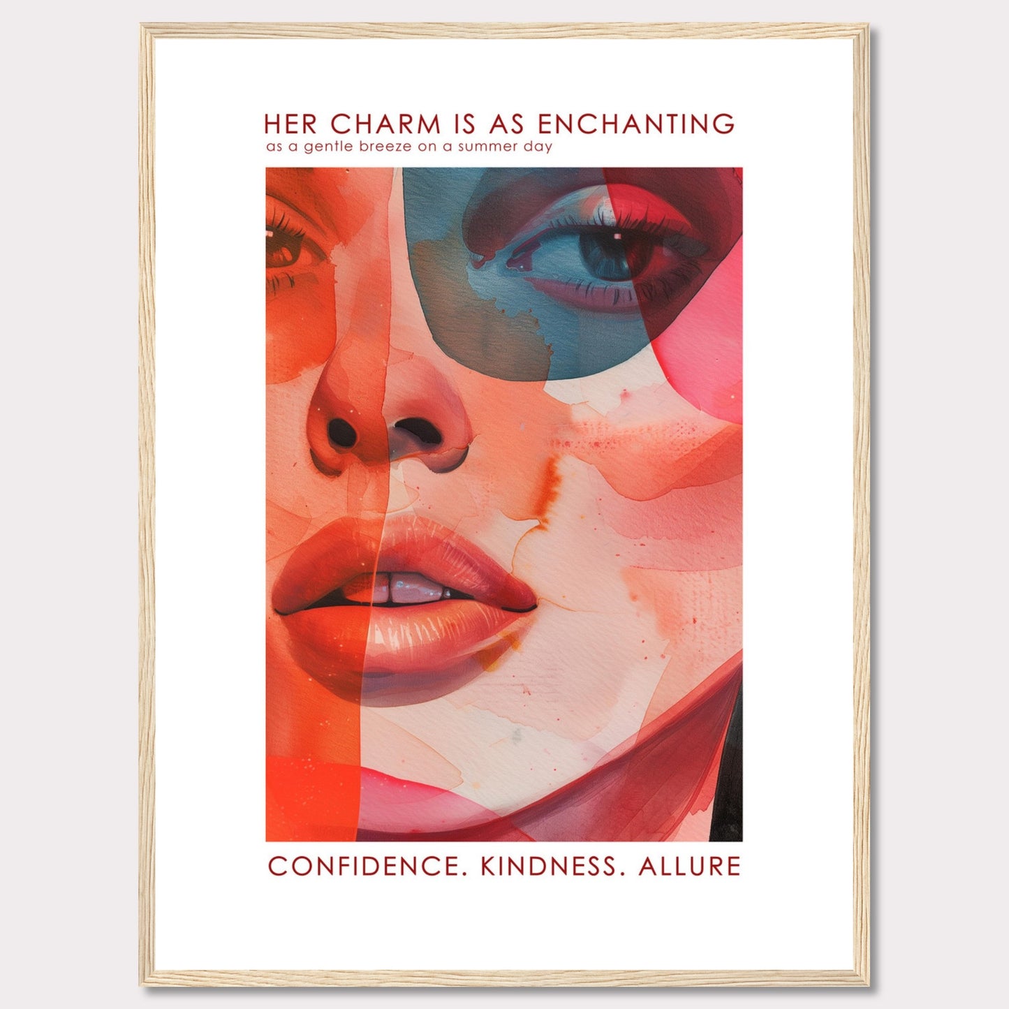 This captivating artwork features a vibrant and abstract portrait of a woman's face, blending warm and cool tones seamlessly. The text at the top reads, "HER CHARM IS AS ENCHANTING as a gentle breeze on a summer day," and at the bottom, it emphasizes "CONFIDENCE. KINDNESS. ALLURE." The image evokes a sense of elegance, mystery, and strength.