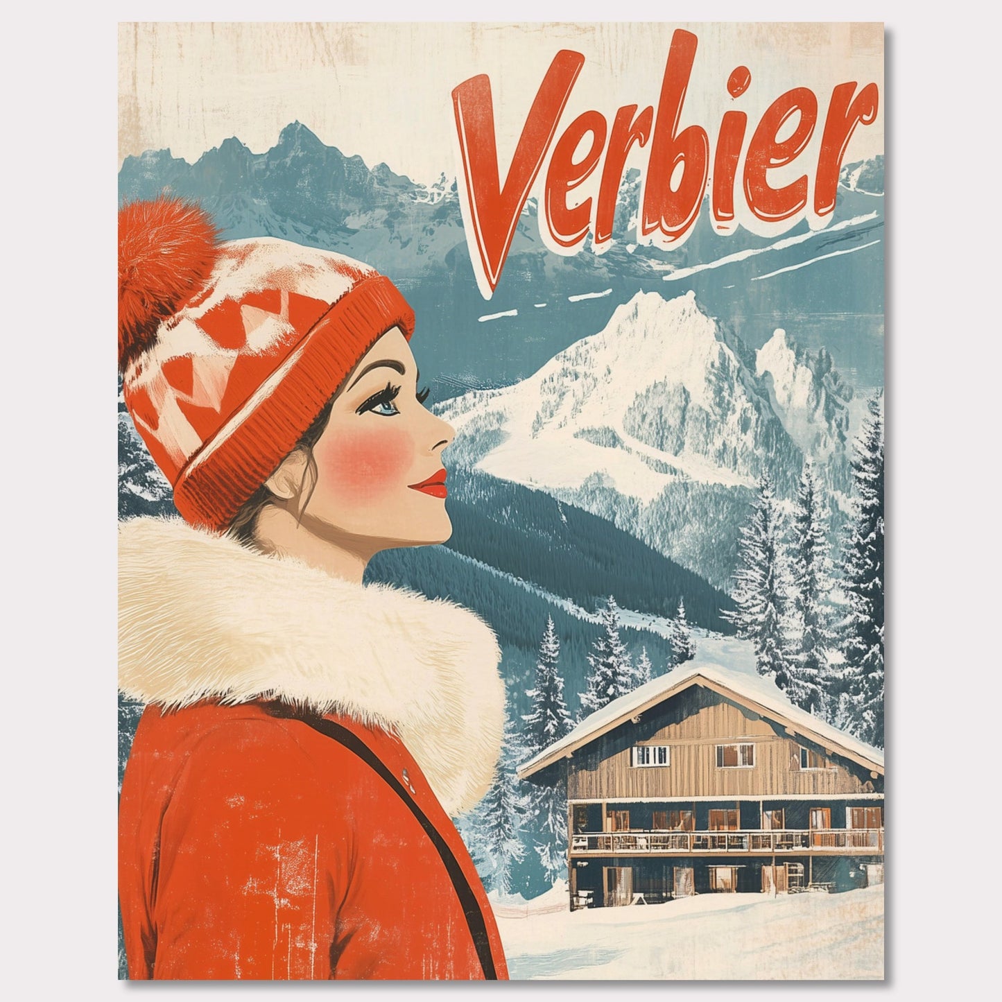 This elegant retro-style poster features a woman in a stylish red winter coat and pom-pom hat, looking towards the majestic Verbier mountains. The soft pastel tones and crisp white snow provide a serene backdrop, while the vintage design and typography evoke a sense of sophistication and timeless charm. The poster conveys the allure of Verbier as both an adventure and a refined escape into nature’s beauty.