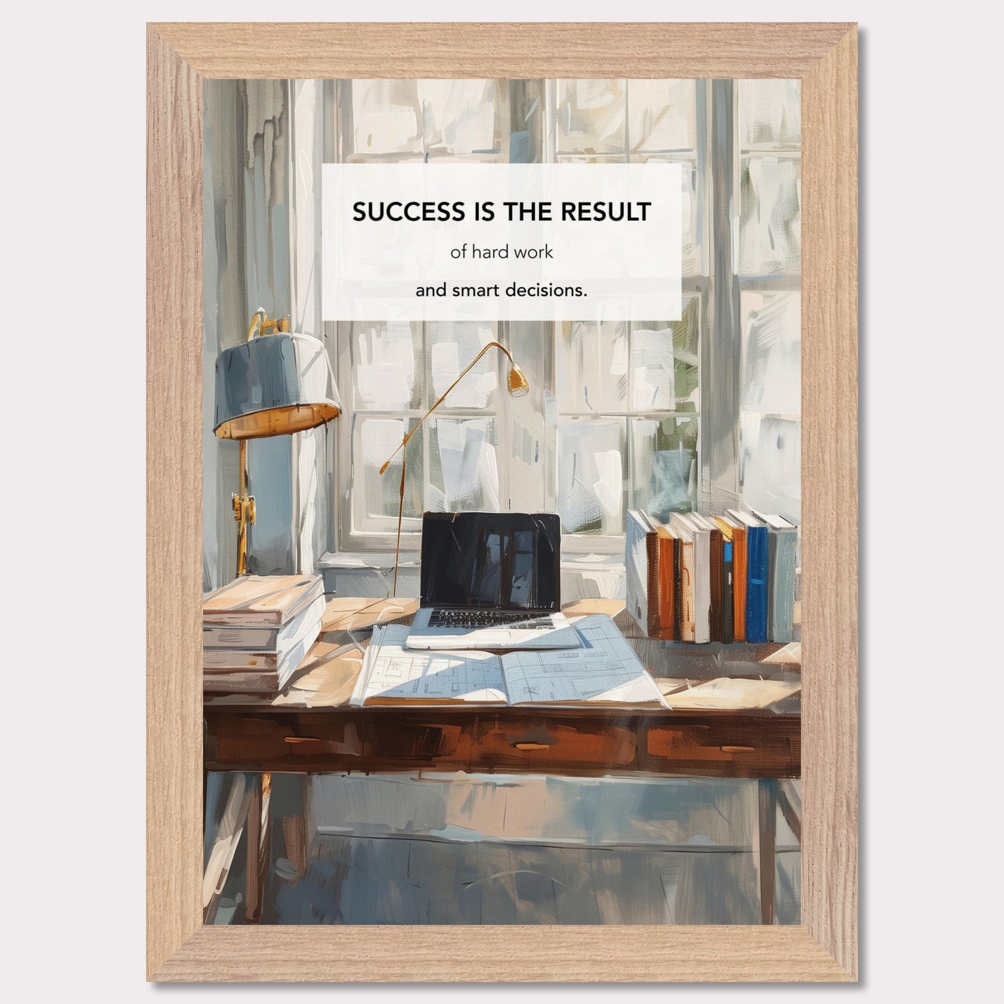 This inspiring poster showcases a serene and productive workspace bathed in natural light. The central message, "Success is the result of hard work and smart decisions," is prominently displayed.